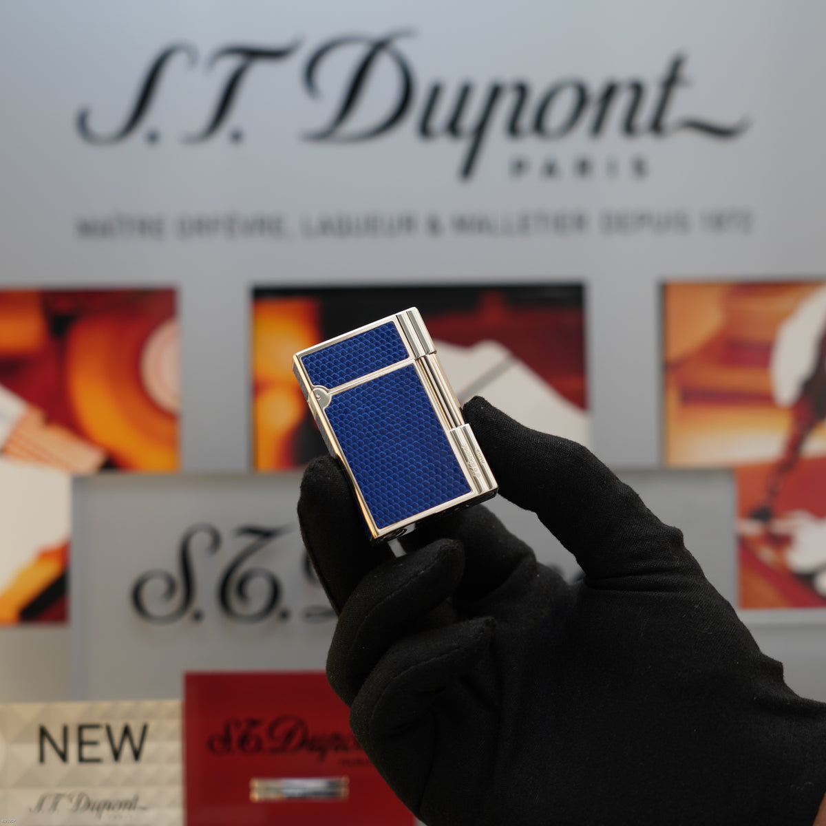Vintage 1993 S.T. Dupont Gatsby Gainierie Lézard Blue Leather Silver Finish Ligne 2 Lighter – Rare Full Set