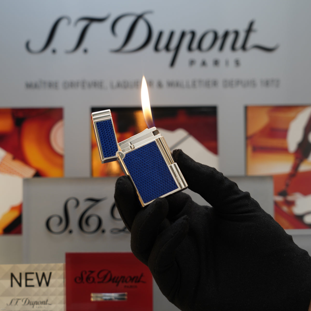 Vintage 1993 S.T. Dupont Gatsby Gainierie Lézard Blue Leather Silver Finish Ligne 2 Lighter – Rare Full Set