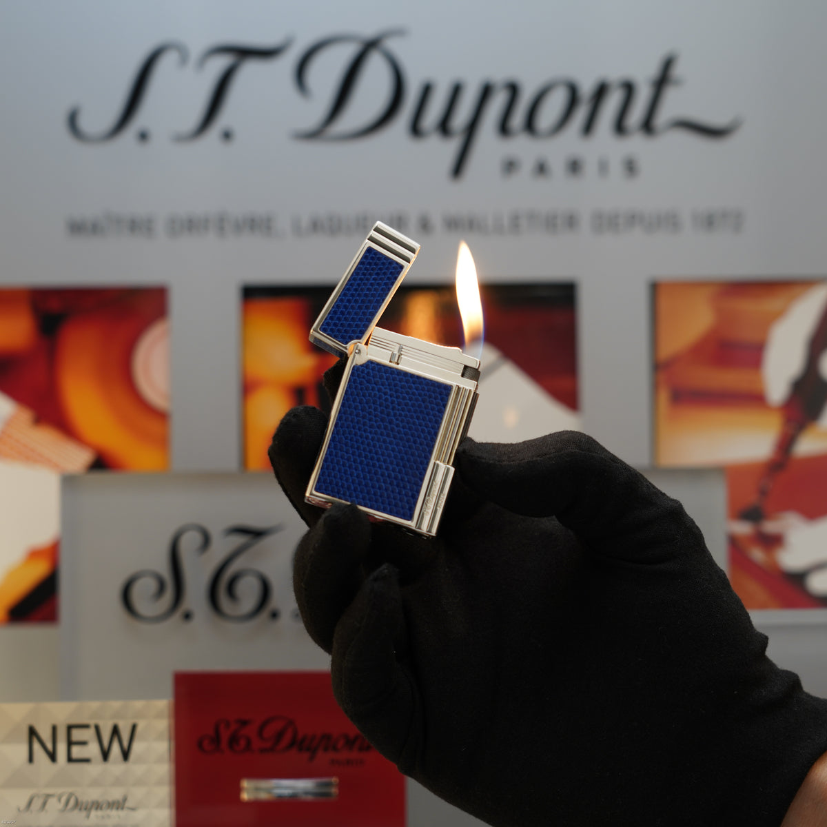 Vintage 1993 S.T. Dupont Gatsby Gainierie Lézard Blue Leather Silver Finish Ligne 2 Lighter – Rare Full Set
