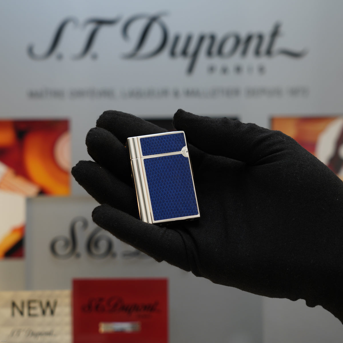 Vintage 1993 S.T. Dupont Gatsby Gainierie Lézard Blue Leather Silver Finish Ligne 2 Lighter – Rare Full Set
