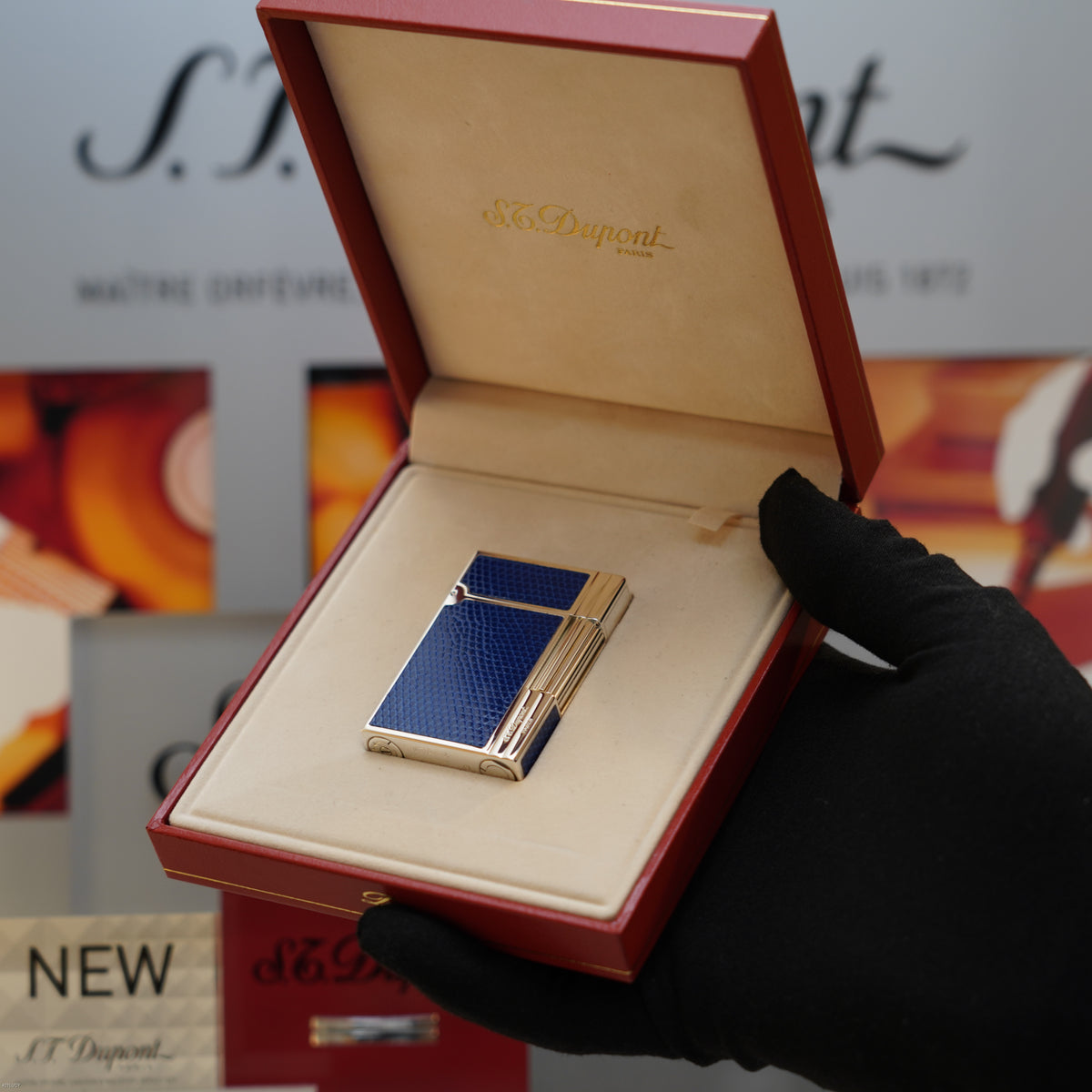 Vintage 1993 S.T. Dupont Gatsby Gainierie Lézard Blue Leather Silver Finish Ligne 2 Lighter – Rare Full Set