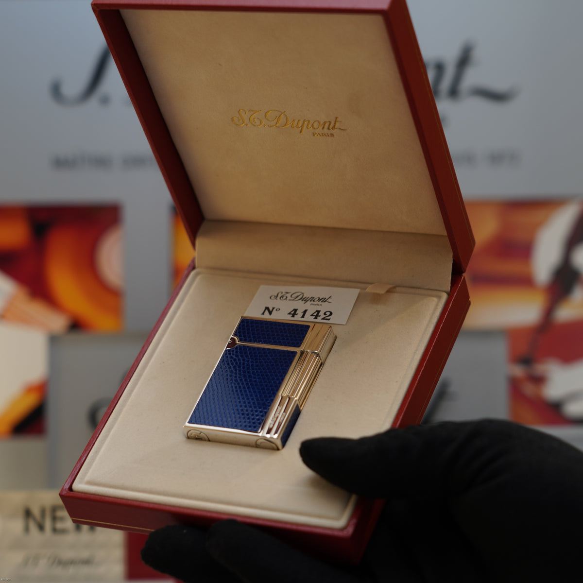 Vintage 1993 S.T. Dupont Gatsby Gainierie Lézard Blue Leather Silver Finish Ligne 2 Lighter – Rare Full Set