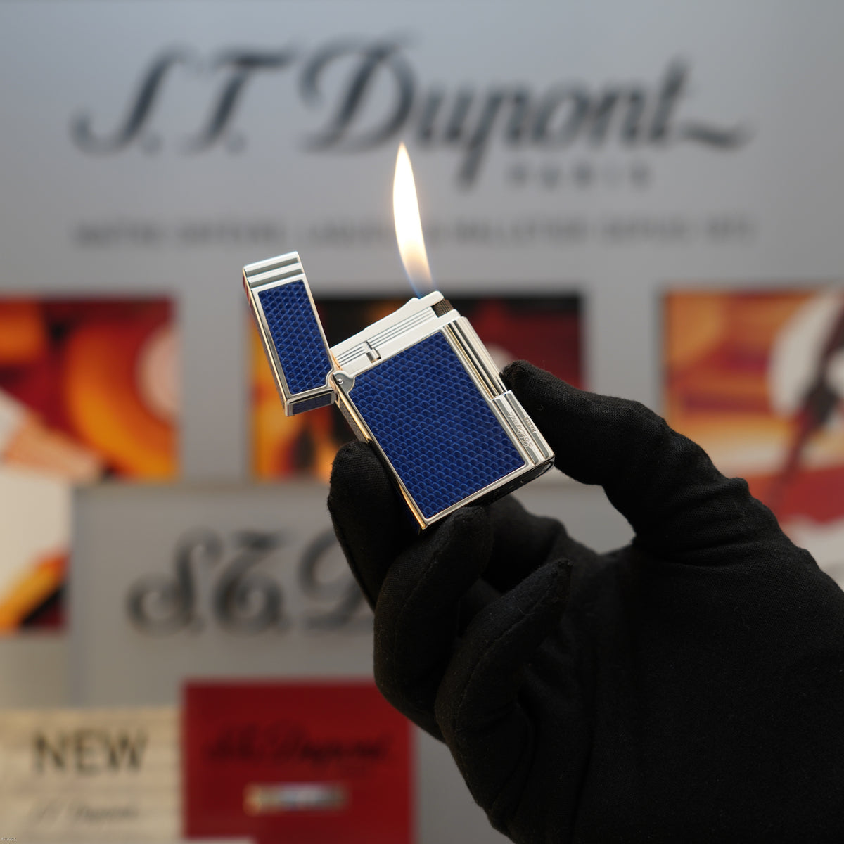 Vintage 1993 S.T. Dupont Gatsby Gainierie Lézard Blue Leather Silver Finish Ligne 2 Lighter – Rare Full Set