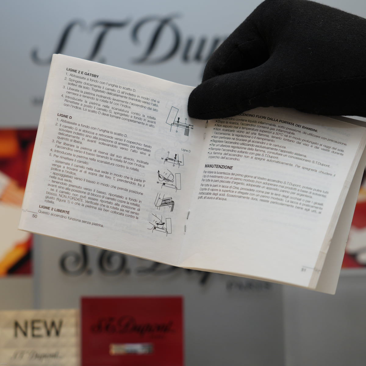 S.T. Dupont instruction manual with technical diagrams and maintenance guidelines for Ligne lighter models.