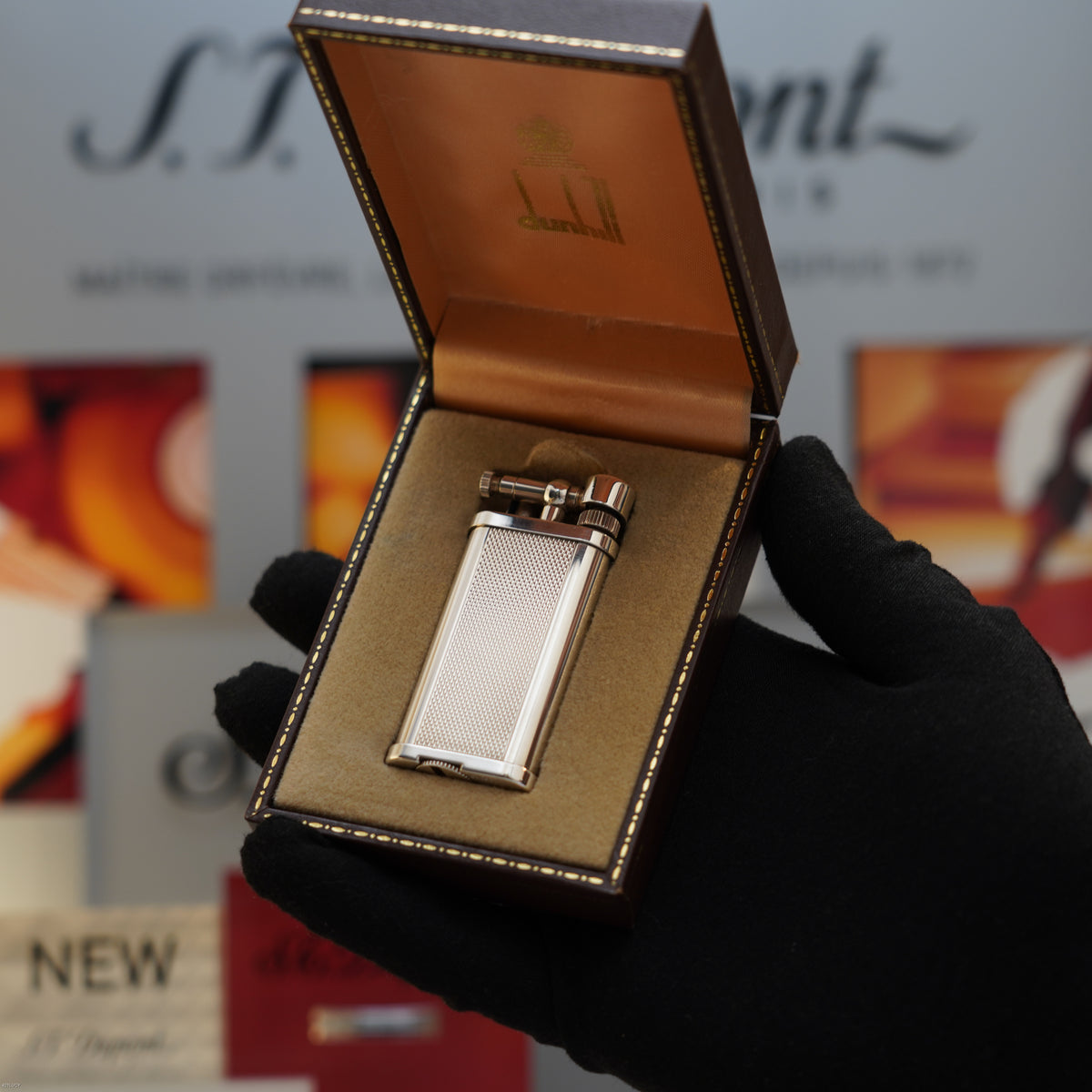 Vintage 1980 Dunhill Unique Large Barley Pattern Heavy Silver Finish Gas Lighter – Mint Full Set