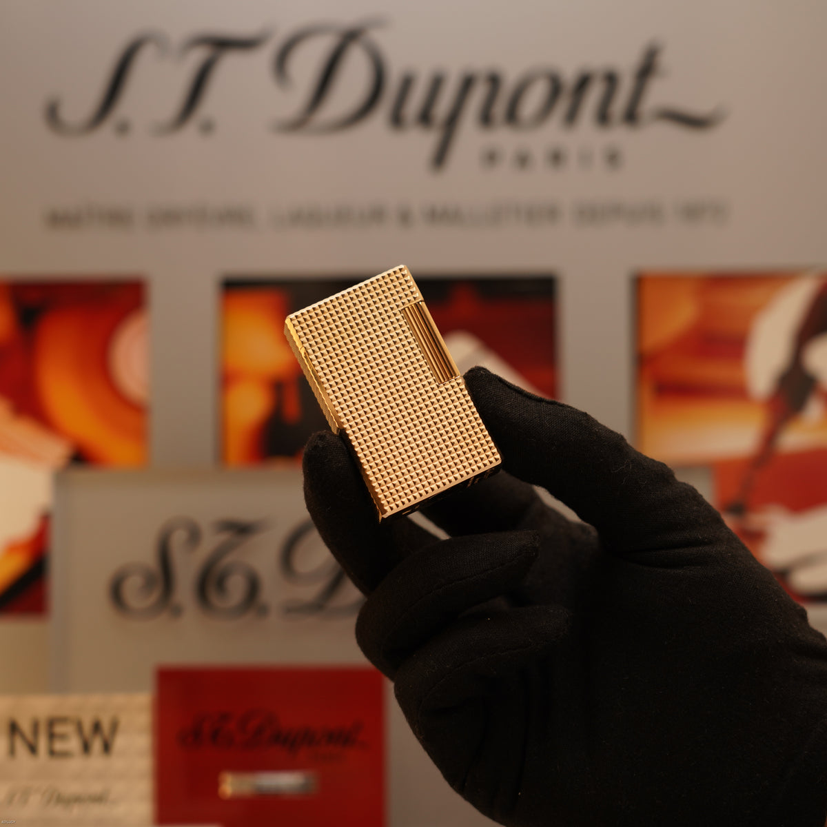Vintage 1970 S.T. Dupont Ligne 1 Large Diamond Head 20 Micron Gold Plated Lighter – Full Set