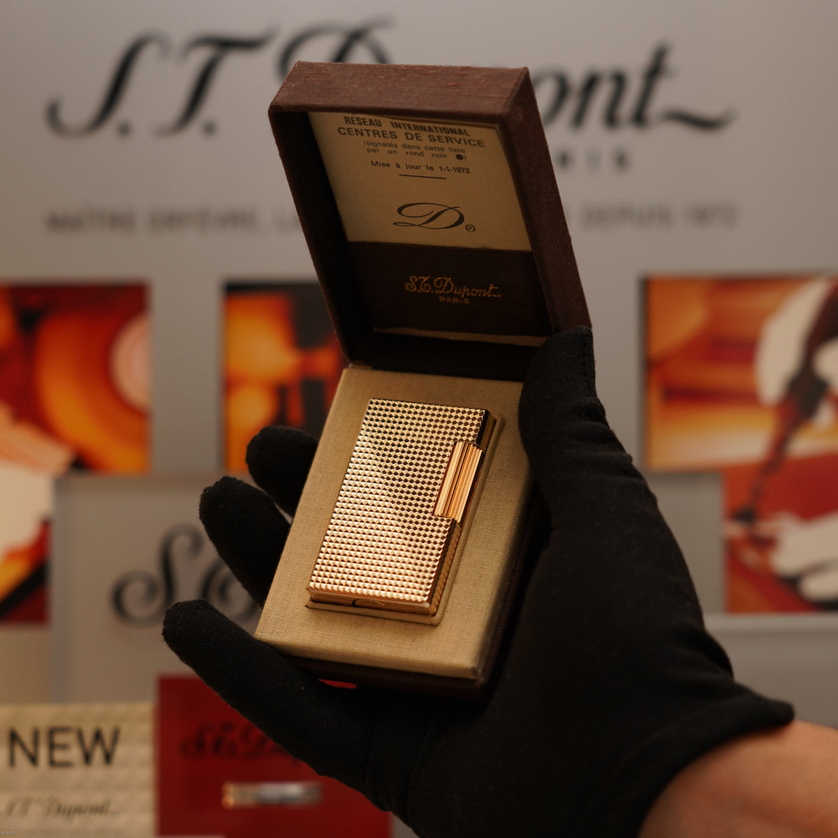 Vintage 1970 S.T. Dupont Ligne 1 Large Diamond Head 20 Micron Gold Plated Lighter – Full Set