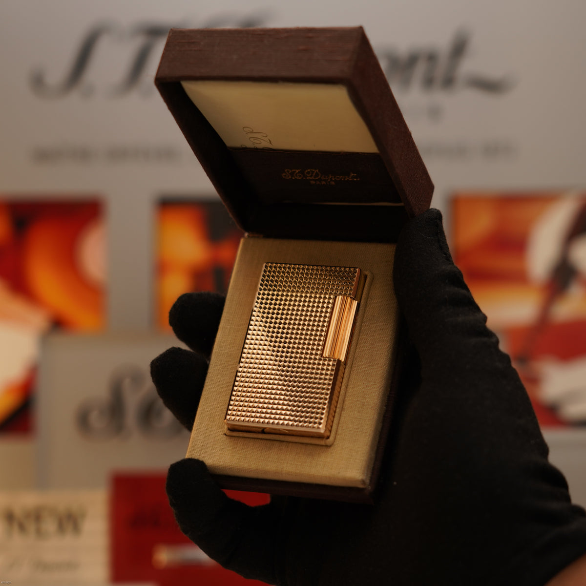 Vintage 1970 S.T. Dupont Ligne 1 Large Diamond Head 20 Micron Gold Plated Lighter – Full Set
