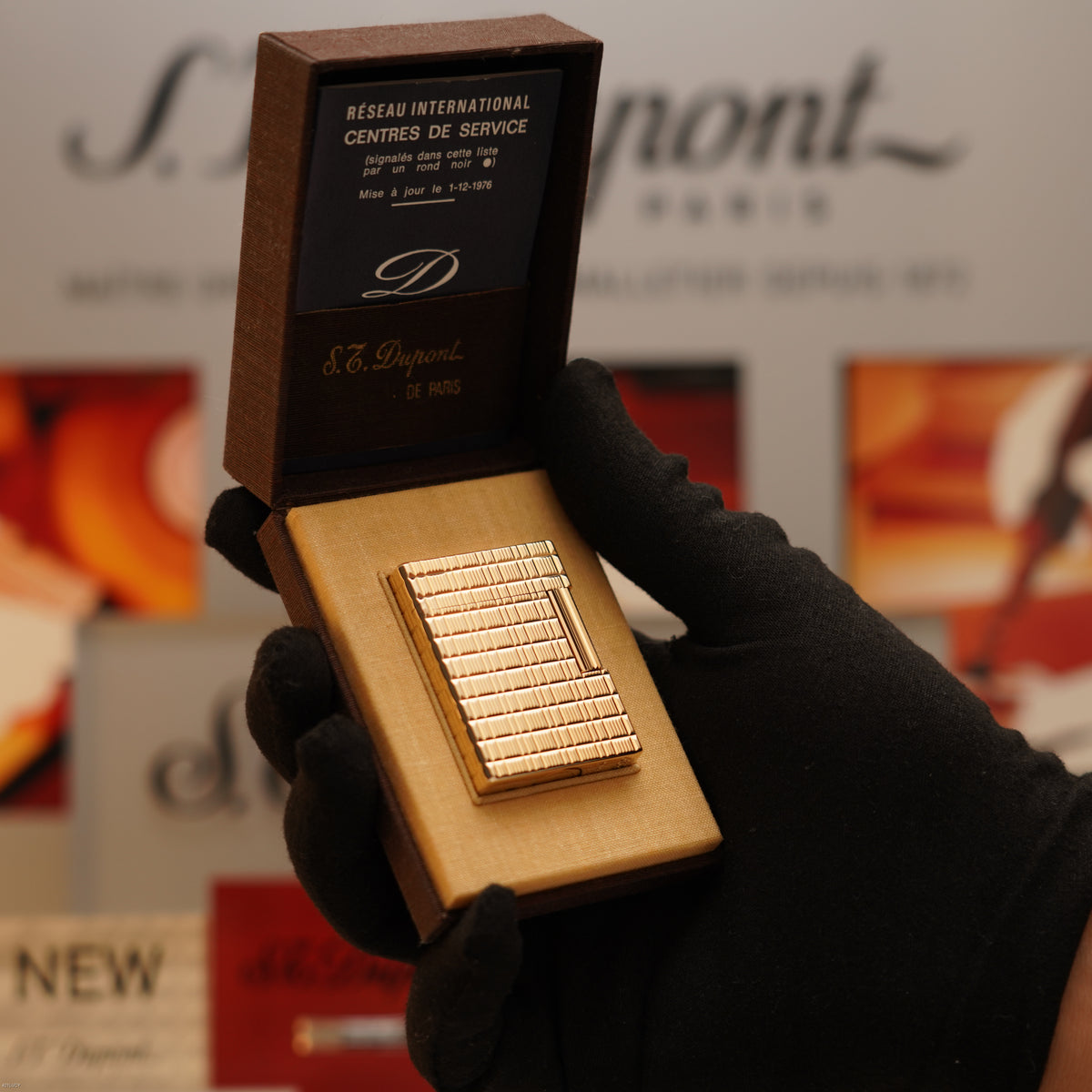 Vintage Late 1980s S.T. Dupont Ligne 1 Small 20 Micron Gold Plated Lighter – Very Good Full Set