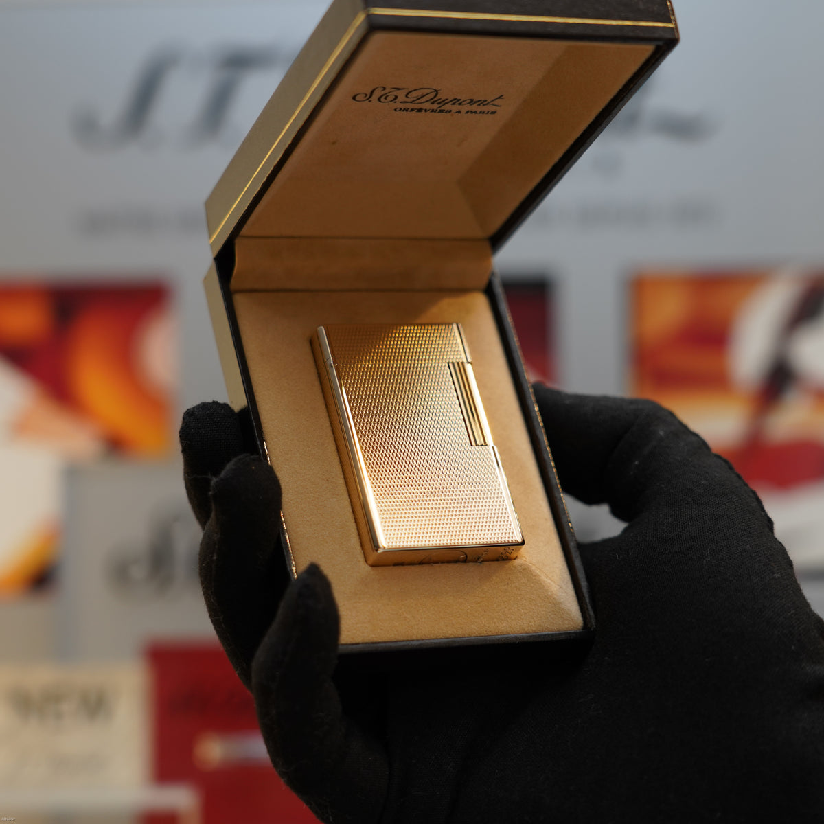 Vintage 1980 S.T. Dupont Ligne 1 Large 18K Gold Finish Barley Pattern Lighter – Mint Full Set