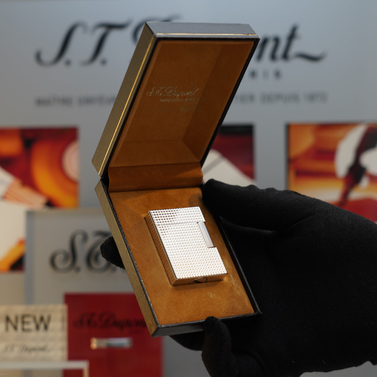 Vintage Early 1990s S.T. Dupont Ligne 1 Small Diamond Head Silver Finish Lighter – Mint Full Set