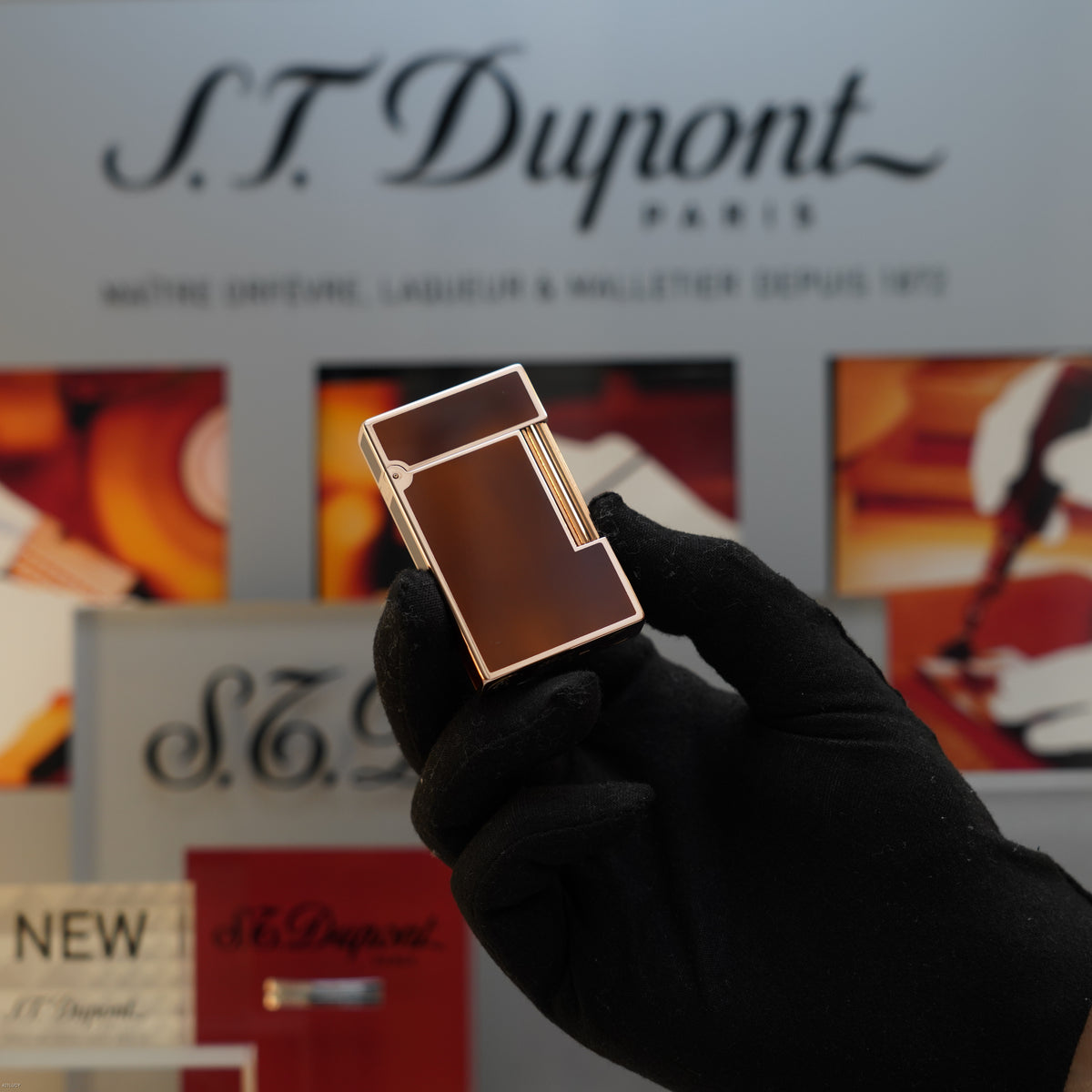 Vintage 1983 S.T. Dupont Ligne 2 Large 18k Rose Gold Finish Brown Chinese Lacquer Lighter – Mint Full Set