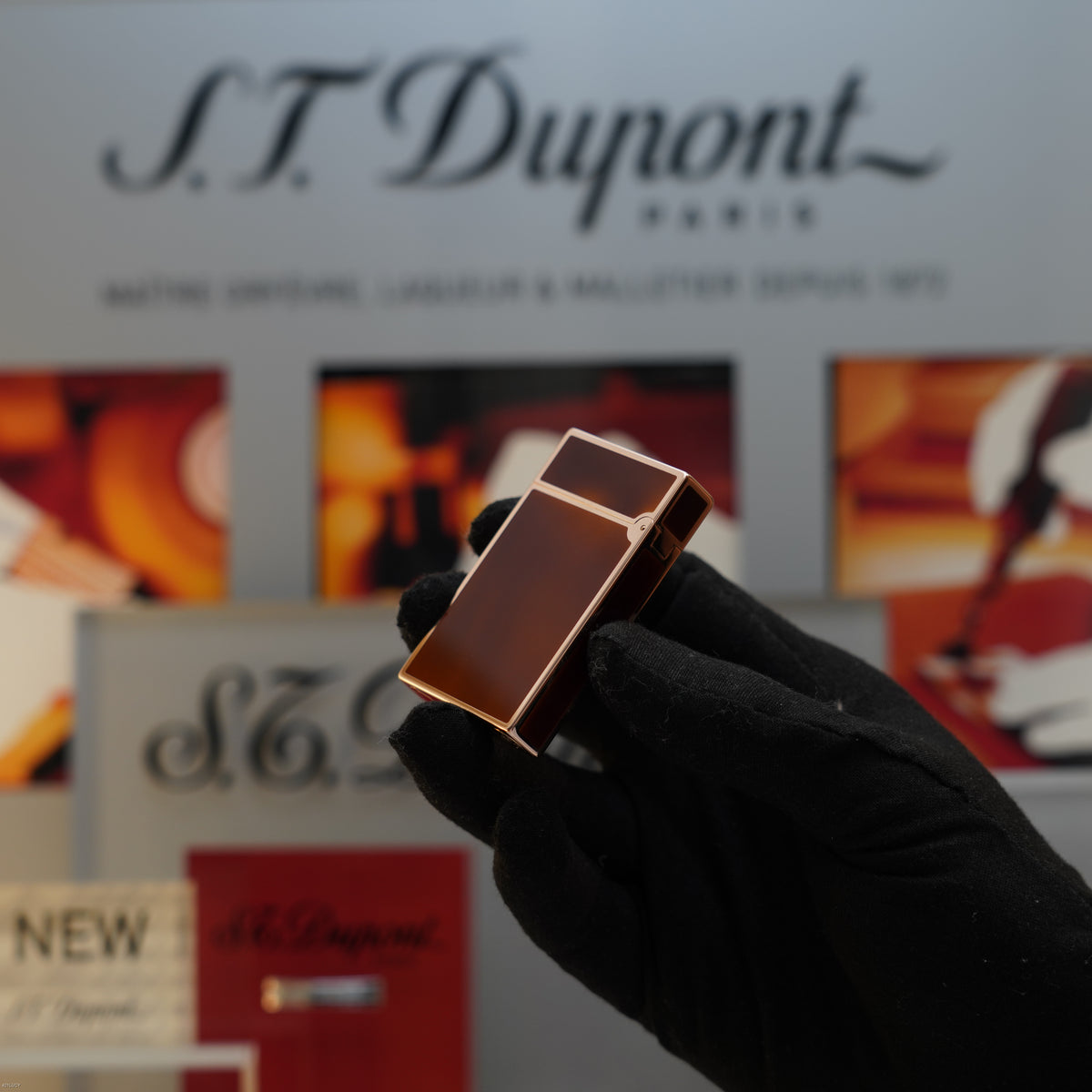 Vintage 1983 S.T. Dupont Ligne 2 Large 18k Rose Gold Finish Brown Chinese Lacquer Lighter – Mint Full Set