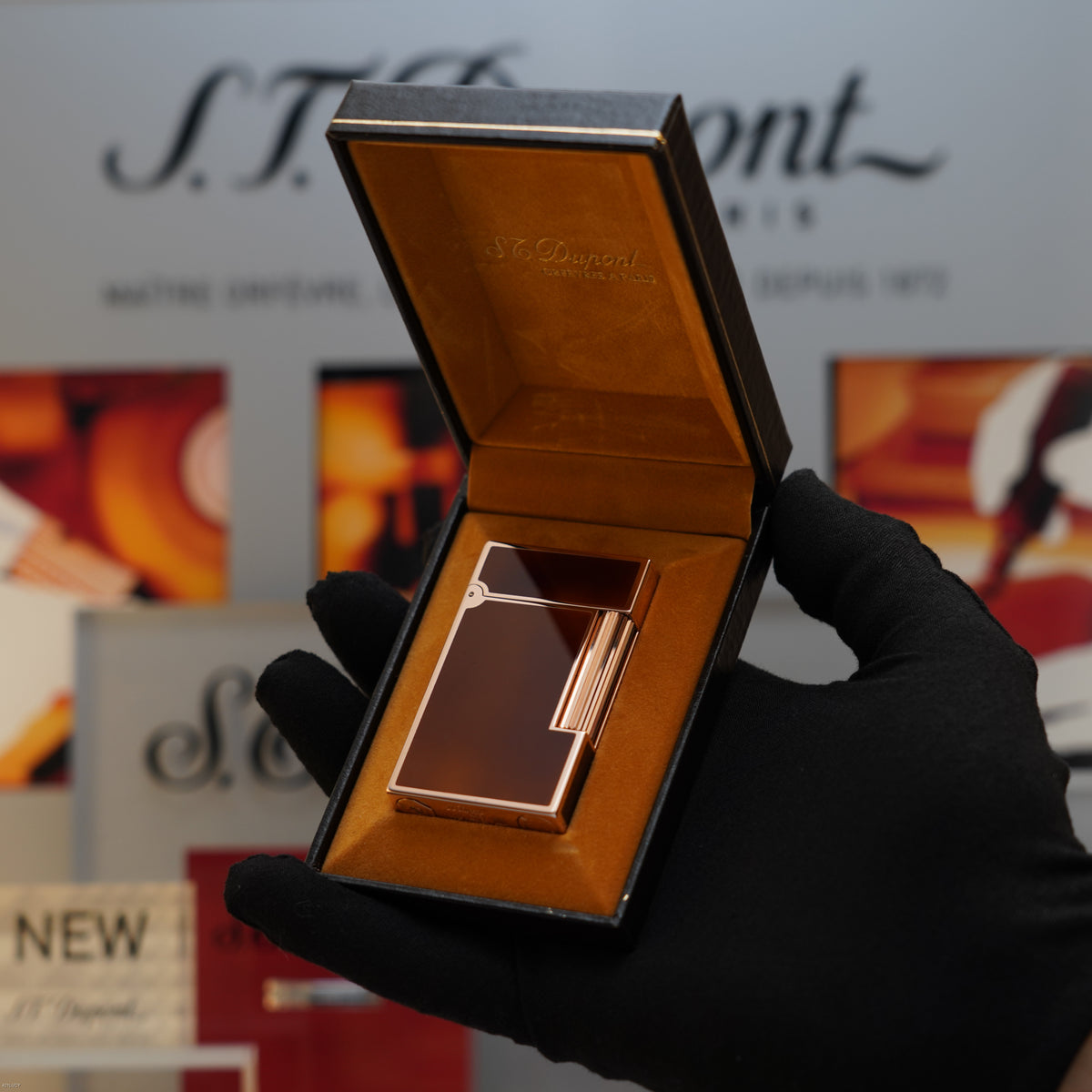 Vintage 1983 S.T. Dupont Ligne 2 Large 18k Rose Gold Finish Brown Chinese Lacquer Lighter – Mint Full Set
