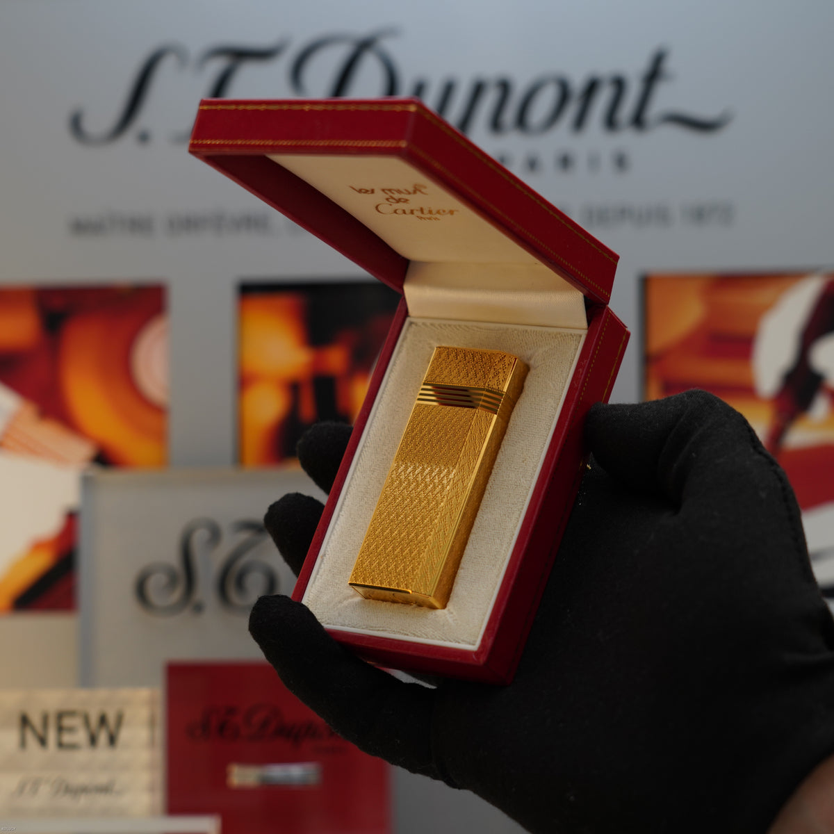 Vintage 1980 Cartier Pentagon Plaqué Or G Heavy 24K Gold Guilloché Pattern Lighter – NOS Full Set