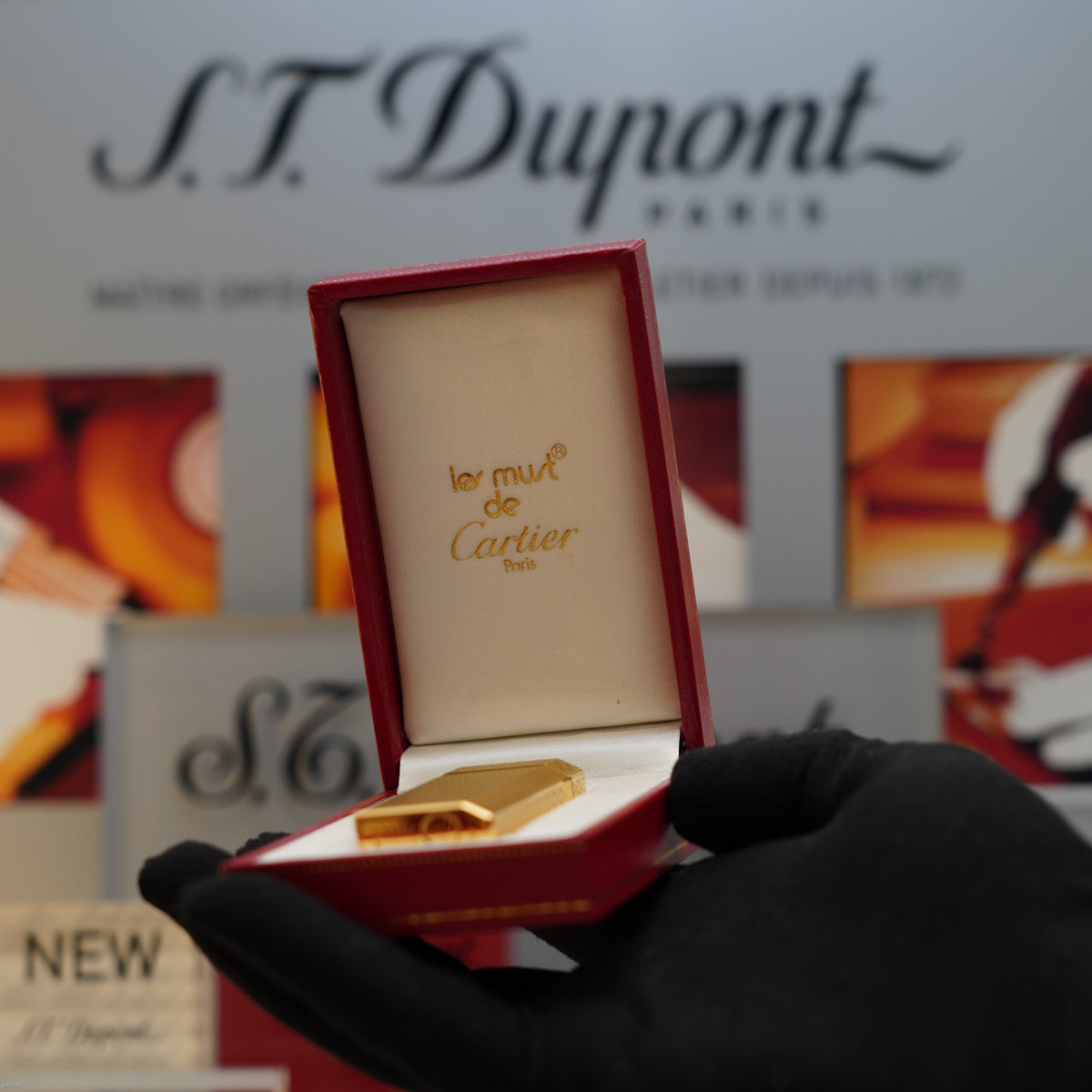 Vintage 1980 Cartier Pentagon Plaqué Or G Heavy 24K Gold Guilloché Pattern Lighter – NOS Full Set