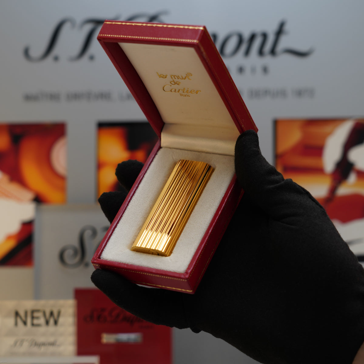 Vintage Early 1990 Cartier Les Must Plaqué Or G Heavy 24K Gold Finish Double Vertical Line Pattern Lighter – Mint Full Set