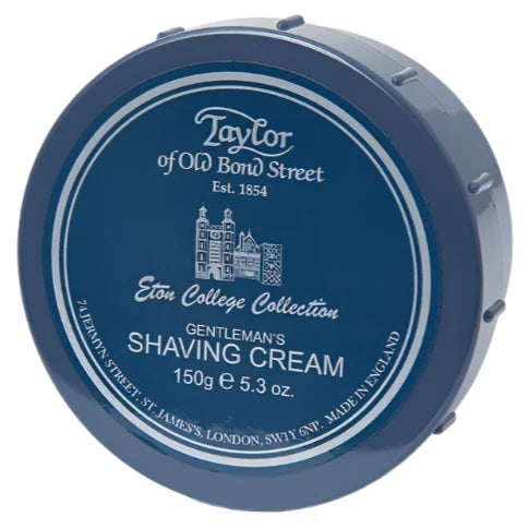 A tin of Taylor of Old Bond Street Eton College Shaving Cream with citrus freshness from KirbyAllison.com.