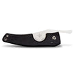 Straight razor-style cigar knife with black ebony wood handle, silver metal blade, and metal accents on sides.