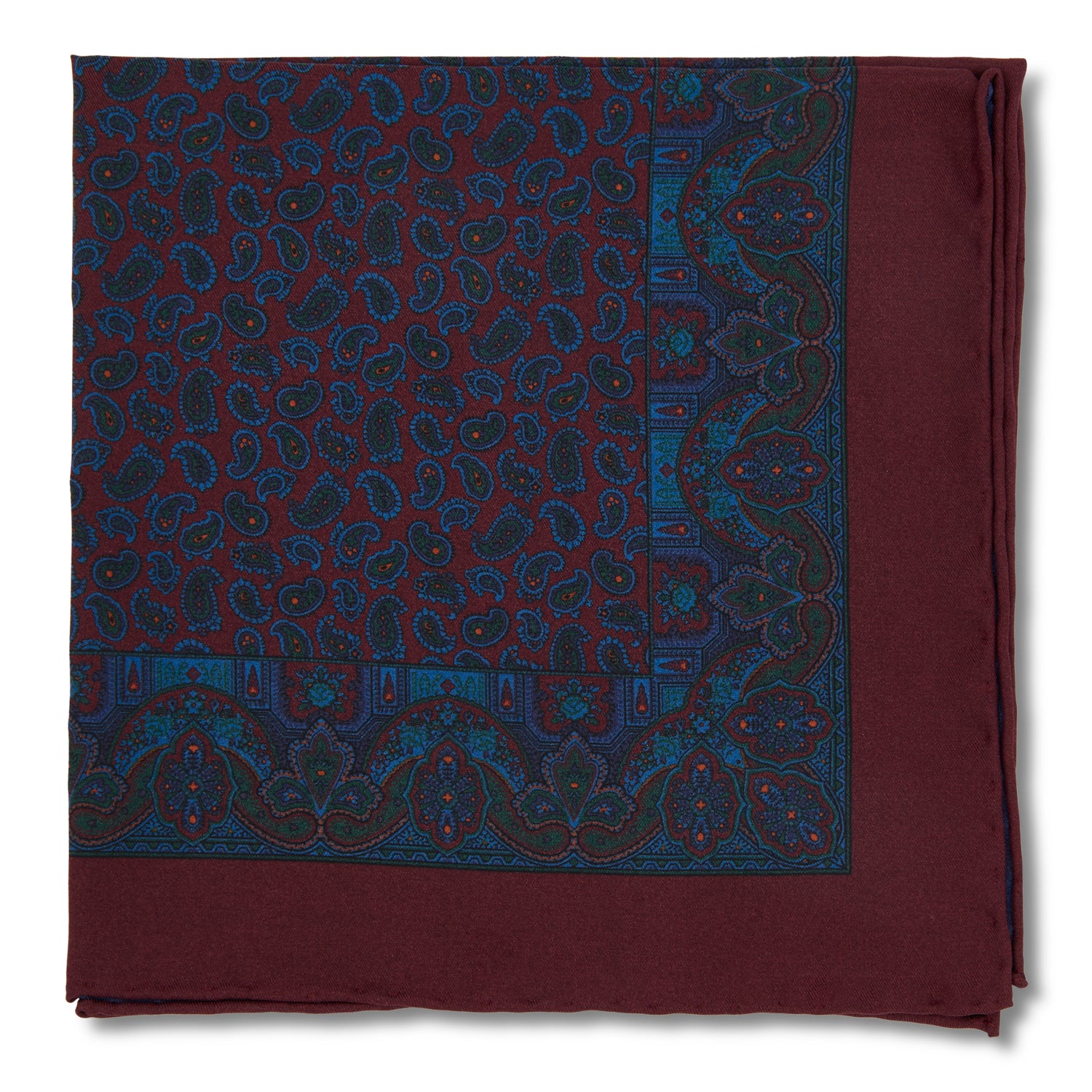 Burgundy pocket square with blue paisley pattern on a white background
