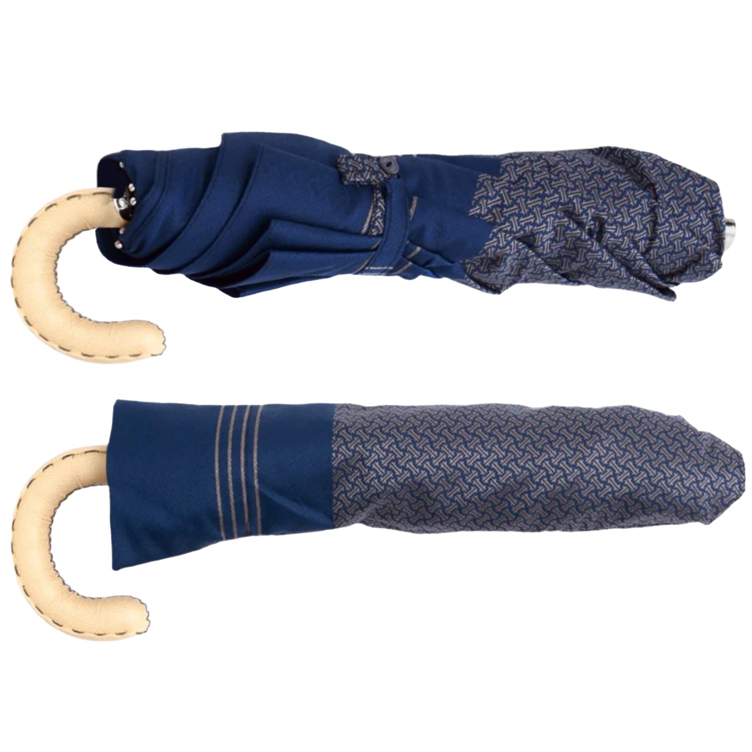 Patterned Navy Travel Umbrella with Leather Handle