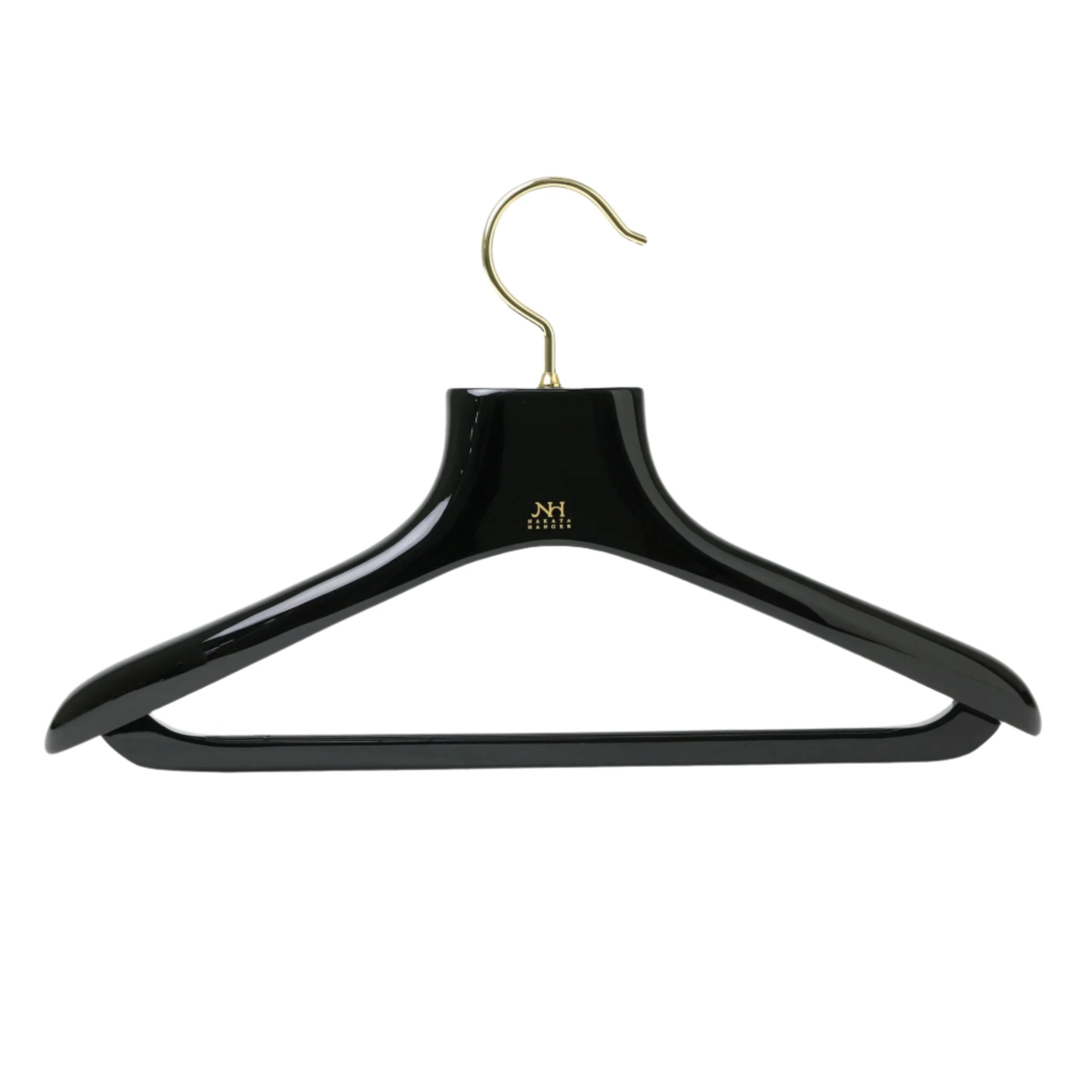 Introducing the Nakata Wajima Urushi Jermyn Street Limited Edition Hanger from KirbyAllison.com, a sleek black plastic coat hanger with a gold hook that features a minimalist design and a slight triangular shape, embodying the elegance reminiscent of Jermyn Street.