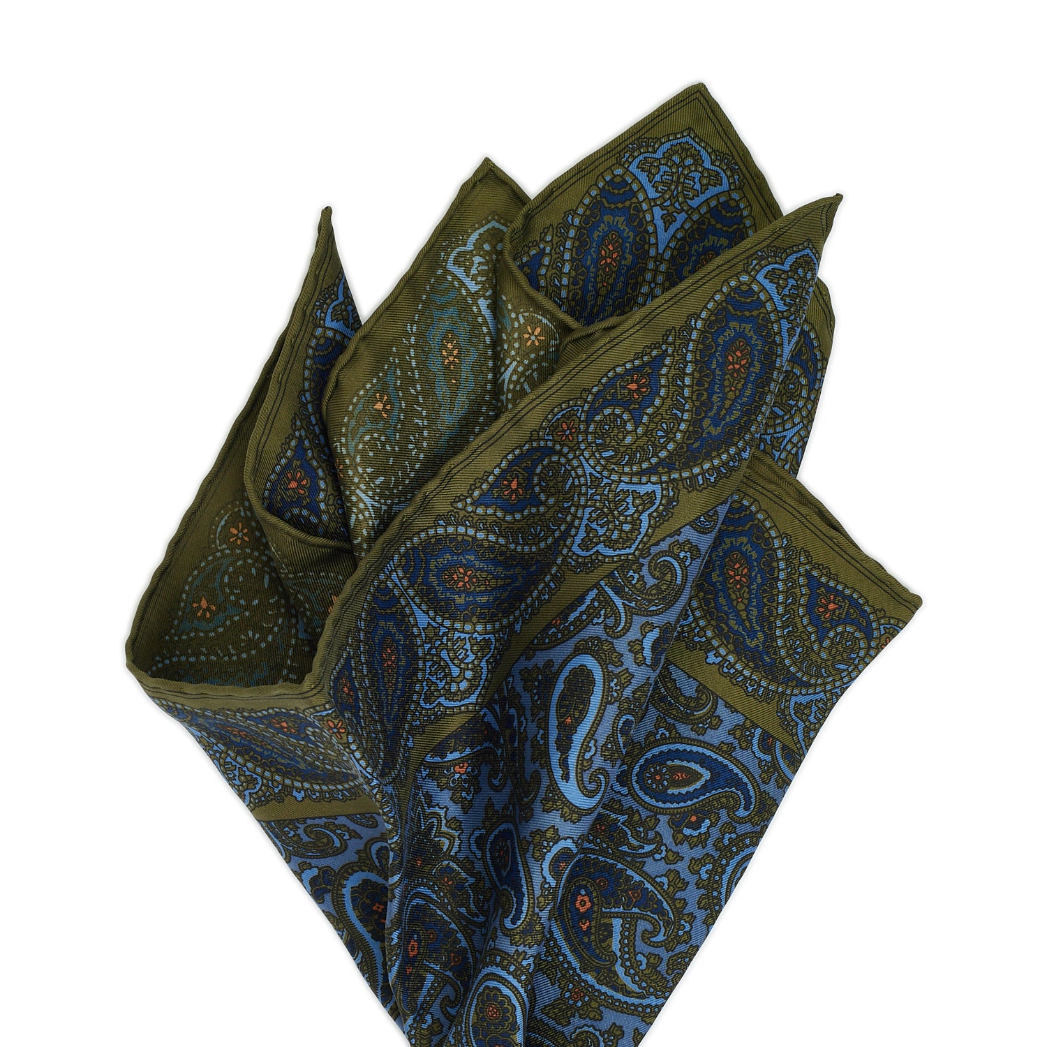 Sovereign Grade Olive and Blue Paisley Ancient Madder Pocket Square