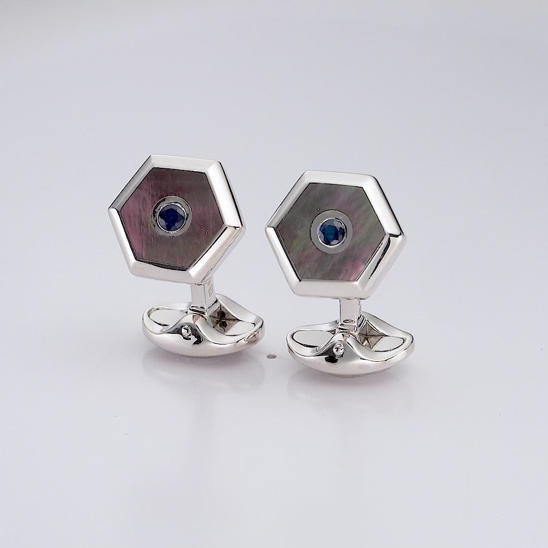 Deakin & Francis Hexagonal Grey Mother-Of-Pearl And Sapphire Sterling Silver Dress Set