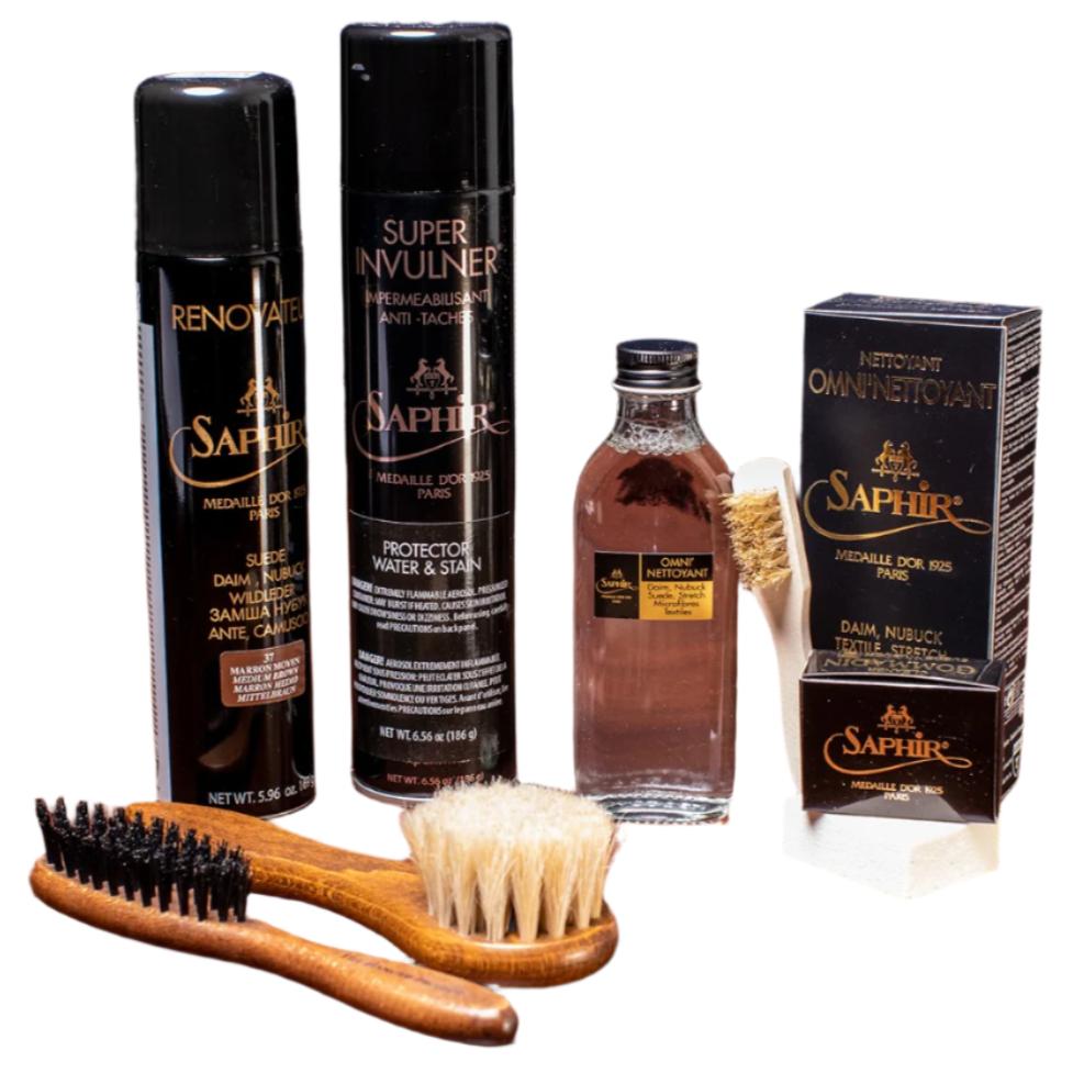 A table displaying several Saphir Suede Care Starter Kit (6 Piece Bundle) from KirbyAllison.com.