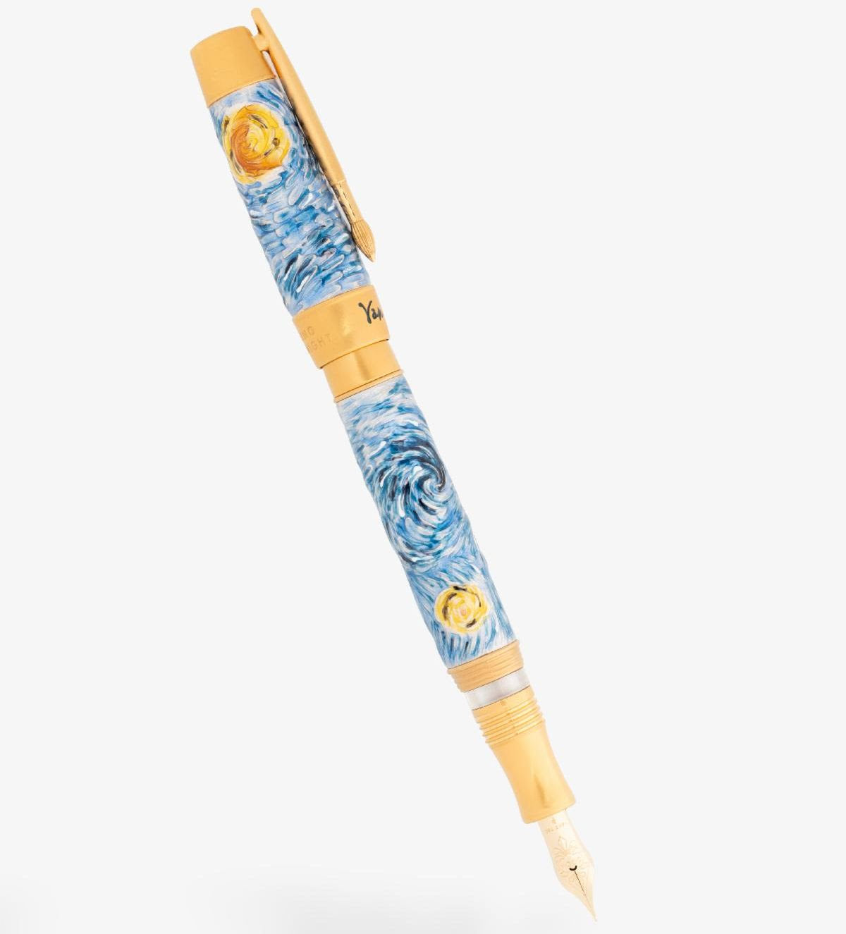 The Visconti Van Gogh Dreaming Starry Night Fountain Pen by Visconti features a design inspired by Van Gogh's "Starry Night" on both the body and cap, adorned with gold accents and equipped with a gold nib. This limited edition piece captures the essence of Van Gogh pens in every detail.