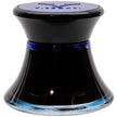 Visconti blue ink bottle with black cap, blue liquid visible inside glass container.