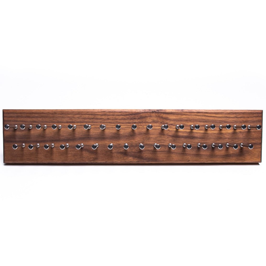 A Hanger Project Medium Tie Rack - Walnut/Stainless Steel Pegs by KirbyAllison.com with a high capacity of hooks.