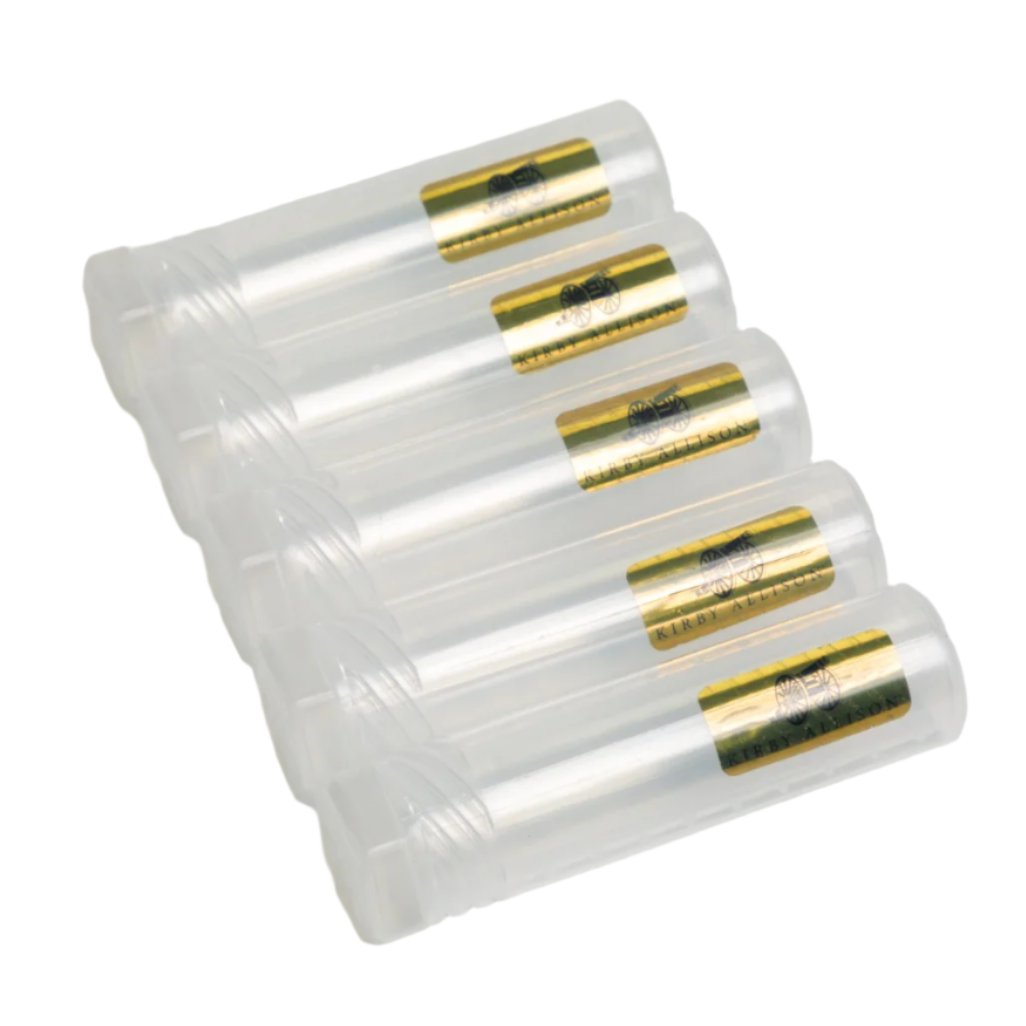 A group of Kirby Allison Plastic Cigar Storage Tubes (Set of 5) with gold lids on a white surface.