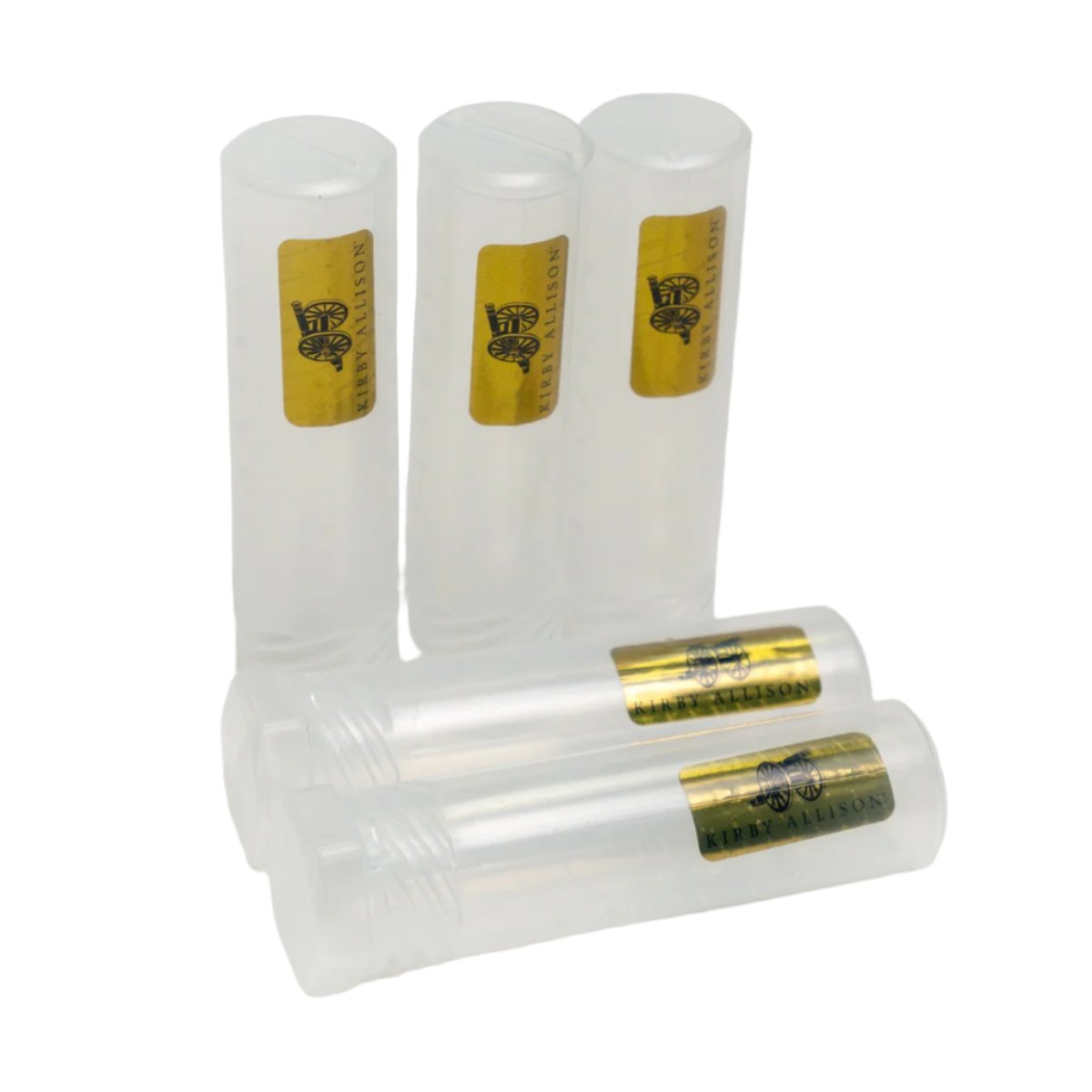 Four Kirby Allison Plastic Cigar Storage Tubes (Set of 5) with gold labels for safe storage.