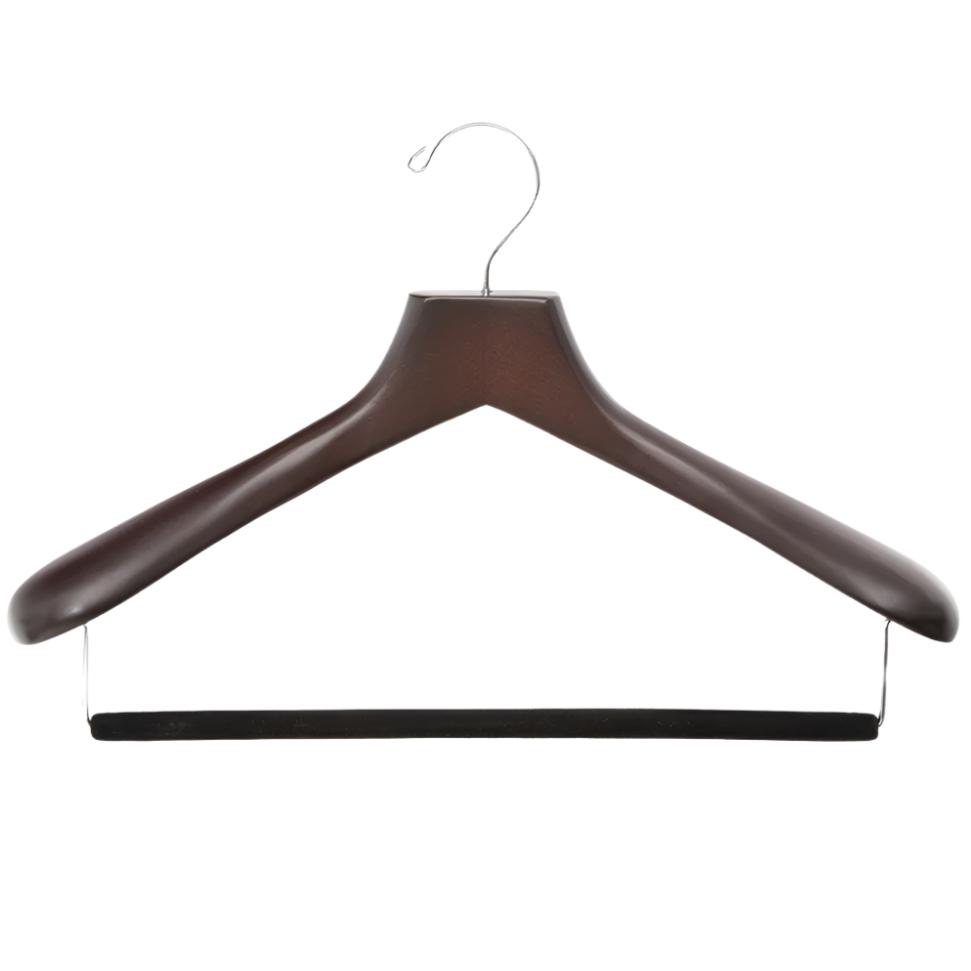 KirbyAllison.com Luxury Wooden Suit Hangers extend the life of garments and protect suits on a white background.