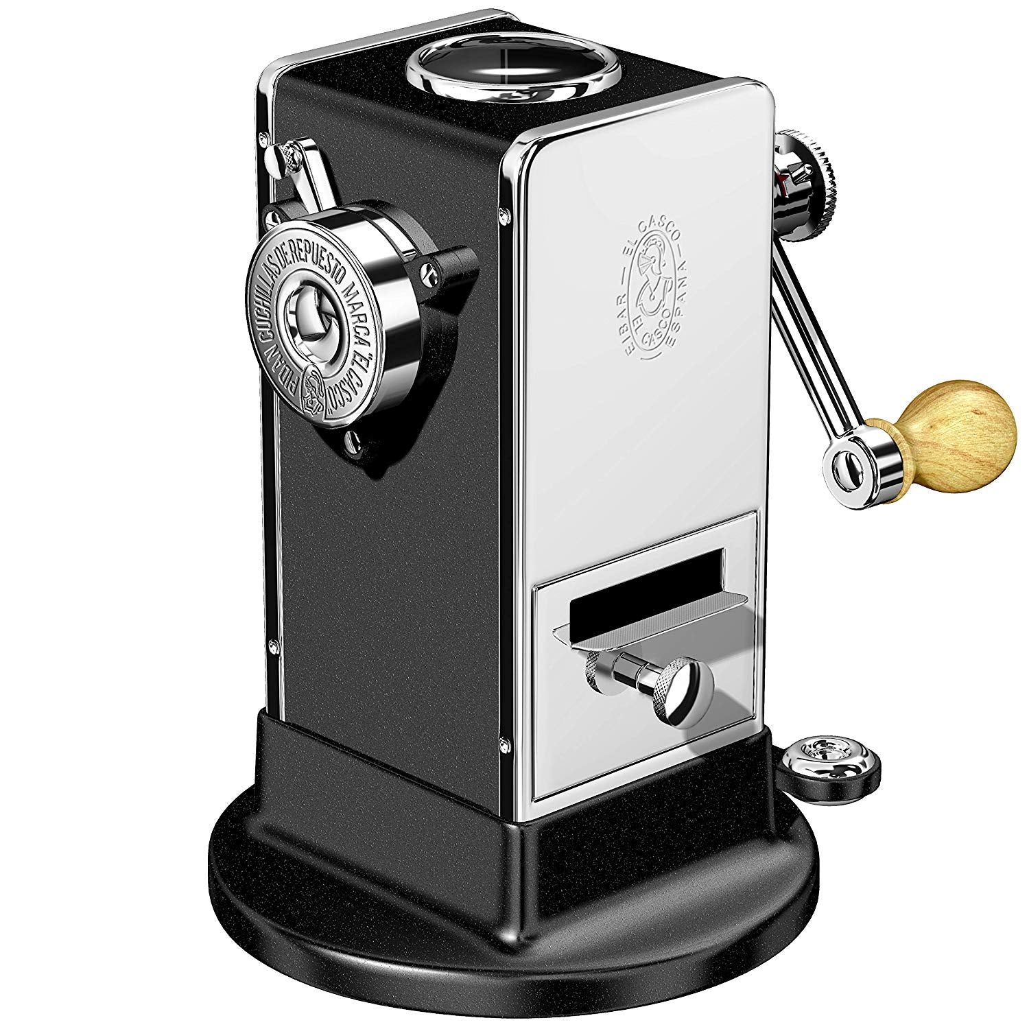 A mechanical engineering marvel, the El Casco M-430 Pencil Sharpener from KirbyAllison.com boasts a sleek black and gold design against a crisp white backdrop.