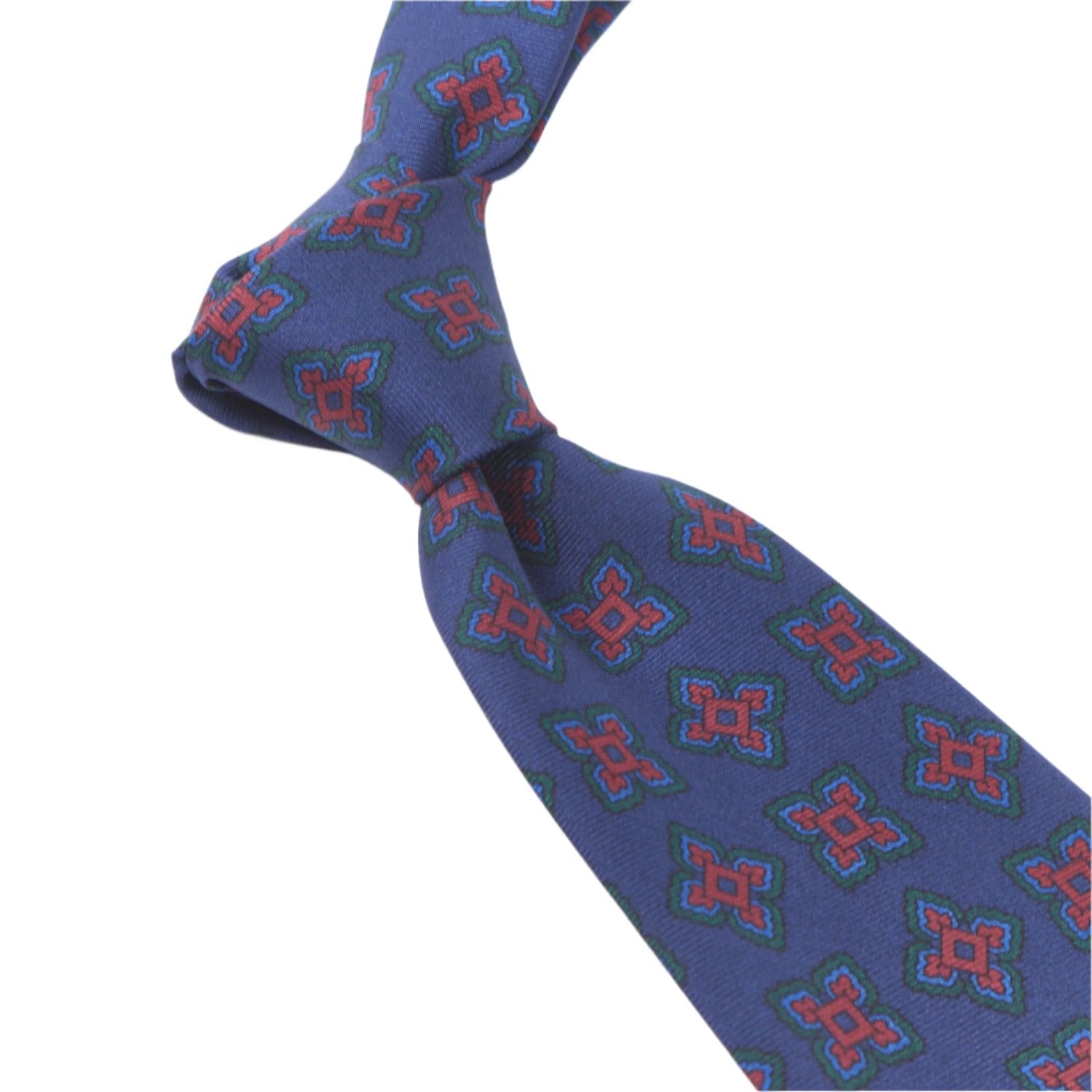 A KirbyAllison.com Sovereign Grade Navy Large Medallion Ancient Madder Tie, 150cm with blue, red and green designs.