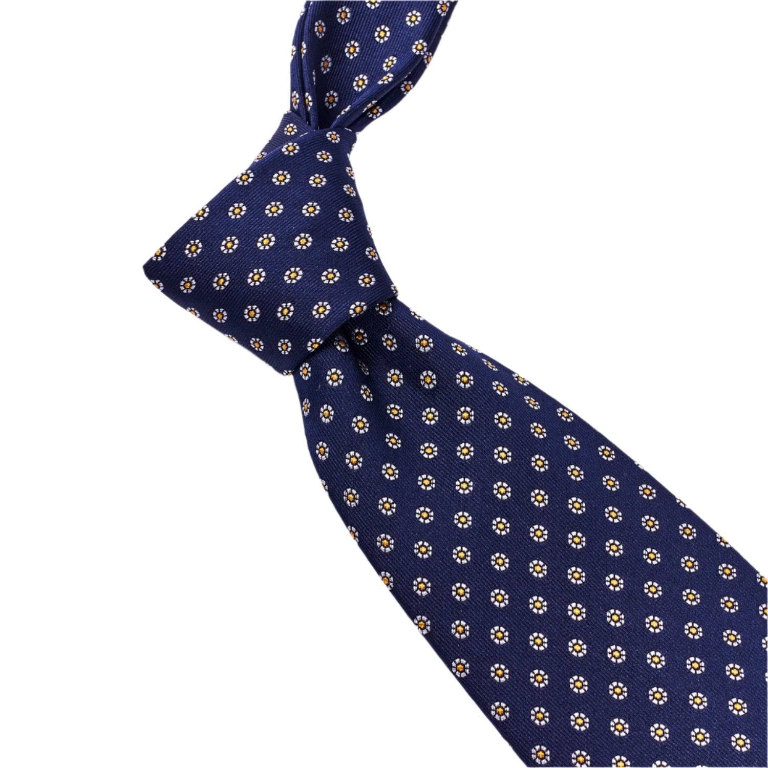 A handmade Sovereign Grade Midnight Navy Floral Jacquard Tie, 150 cm with gold dots, known for its quality, by KirbyAllison.com.