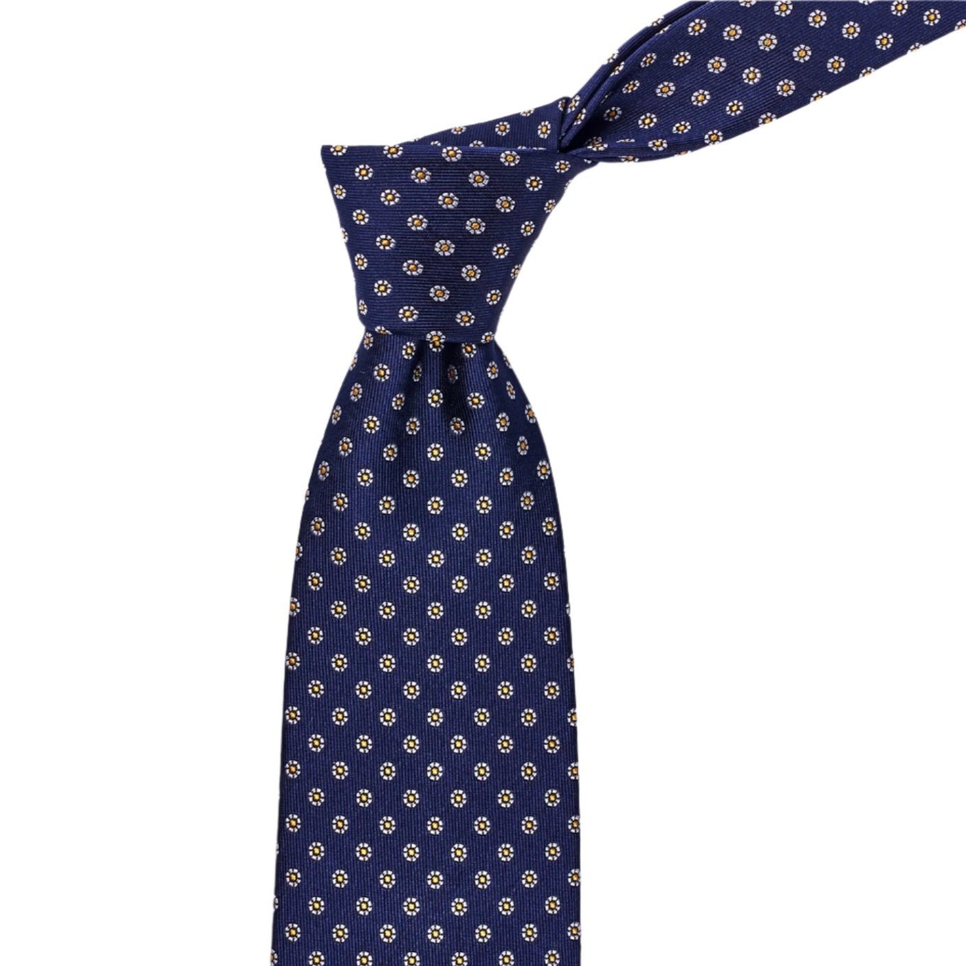 Sovereign Grade Midnight Navy Floral Jacquard Tie, 150 cm by KirbyAllison.com is a handmade polka dot necktie in navy with gold dots of high quality.