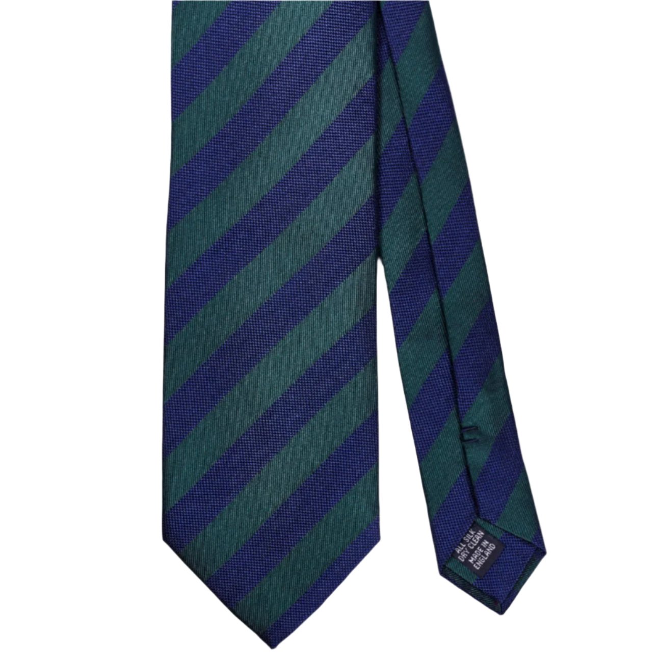 A high-quality Sovereign Grade Woven Navy and Green Rep Tie, 150 cm from KirbyAllison.com with blue and green stripes on a white background.