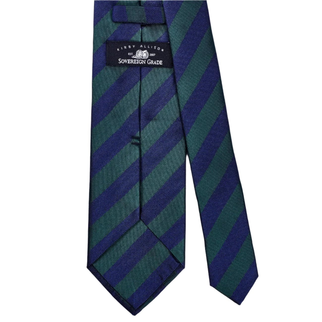 A high-quality Sovereign Grade Woven Navy and Green Rep Tie, 150 cm on a white background from KirbyAllison.com.