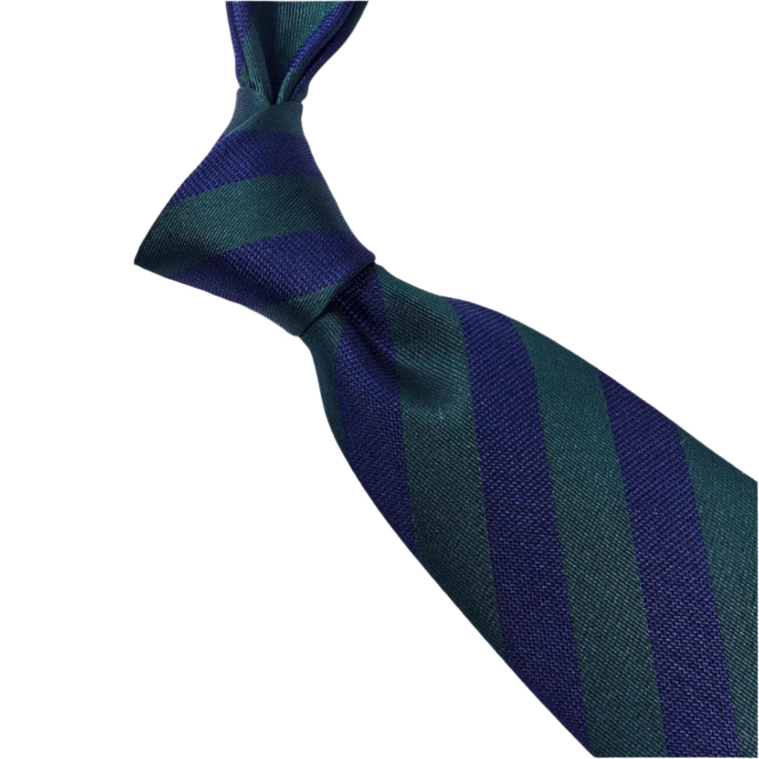 A high-quality Sovereign Grade Woven Navy and Green Rep Tie, 150 cm from KirbyAllison.com with green and blue stripes on a white background.