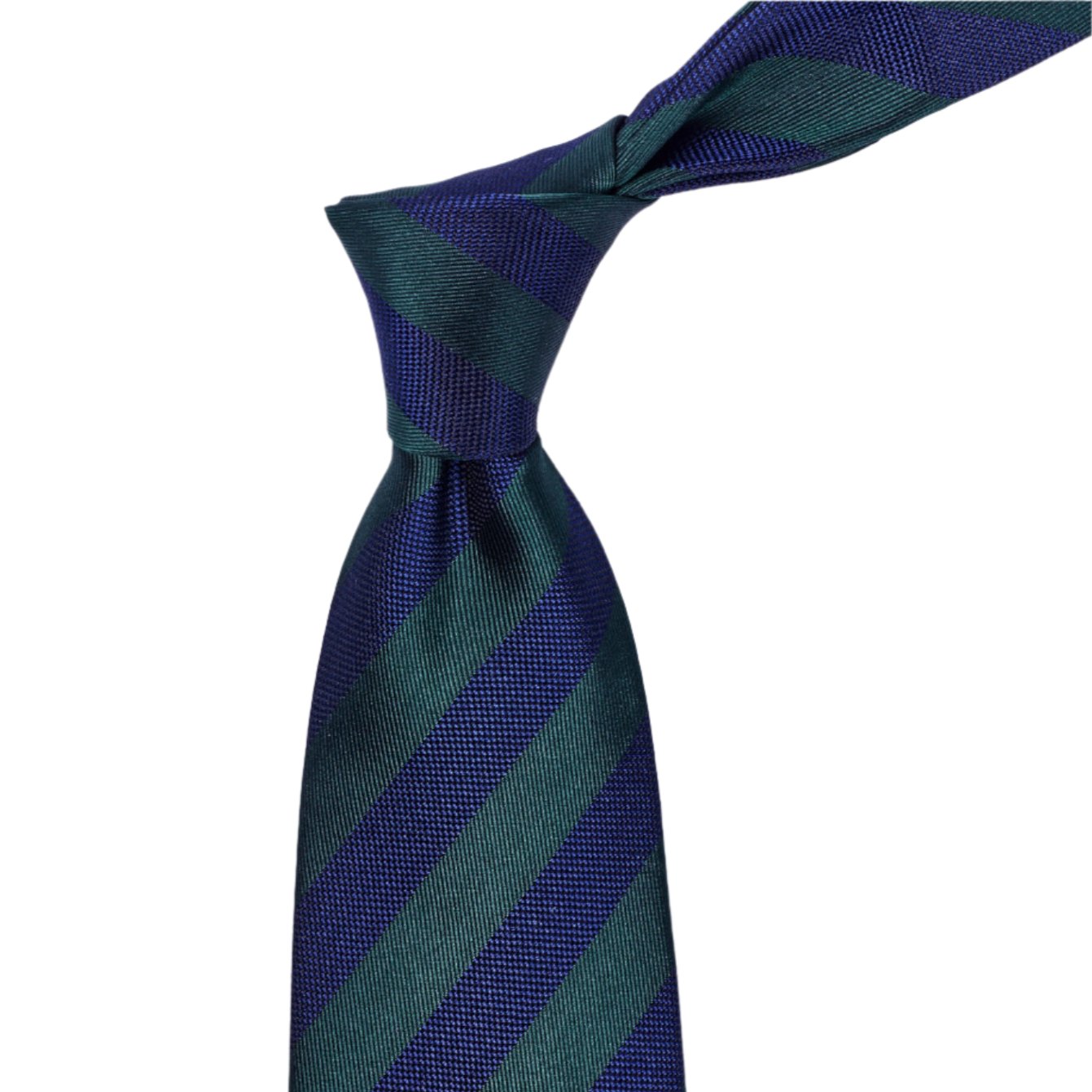 The Sovereign Grade Woven Navy and Green Rep Tie, 150 cm by KirbyAllison.com is a high-quality tie featuring blue and green stripes on a white background.