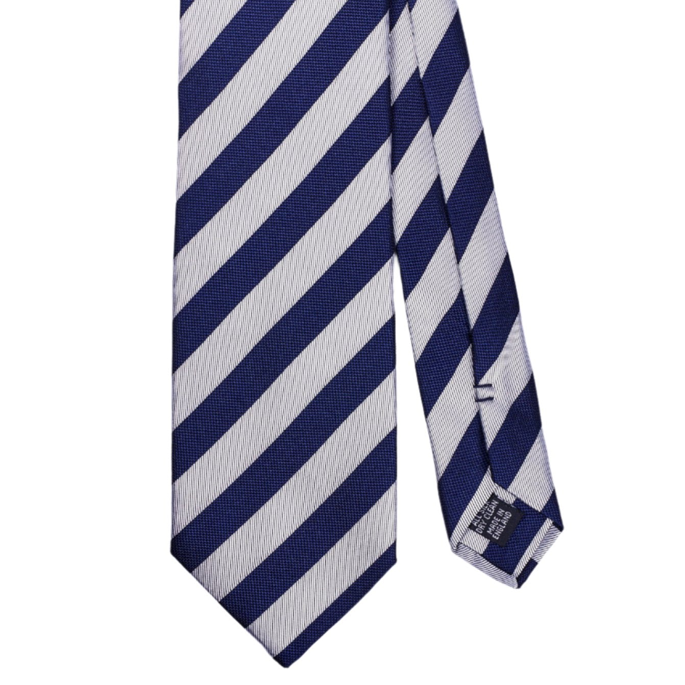 A Sovereign Grade Woven Navy and Silver Rep Tie, 150 cm from KirbyAllison.com on a white background.