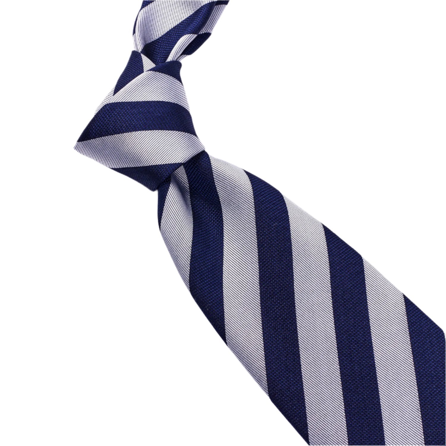 A Sovereign Grade Woven Navy and Silver Rep Tie, 150 cm on a white background from KirbyAllison.com ties.