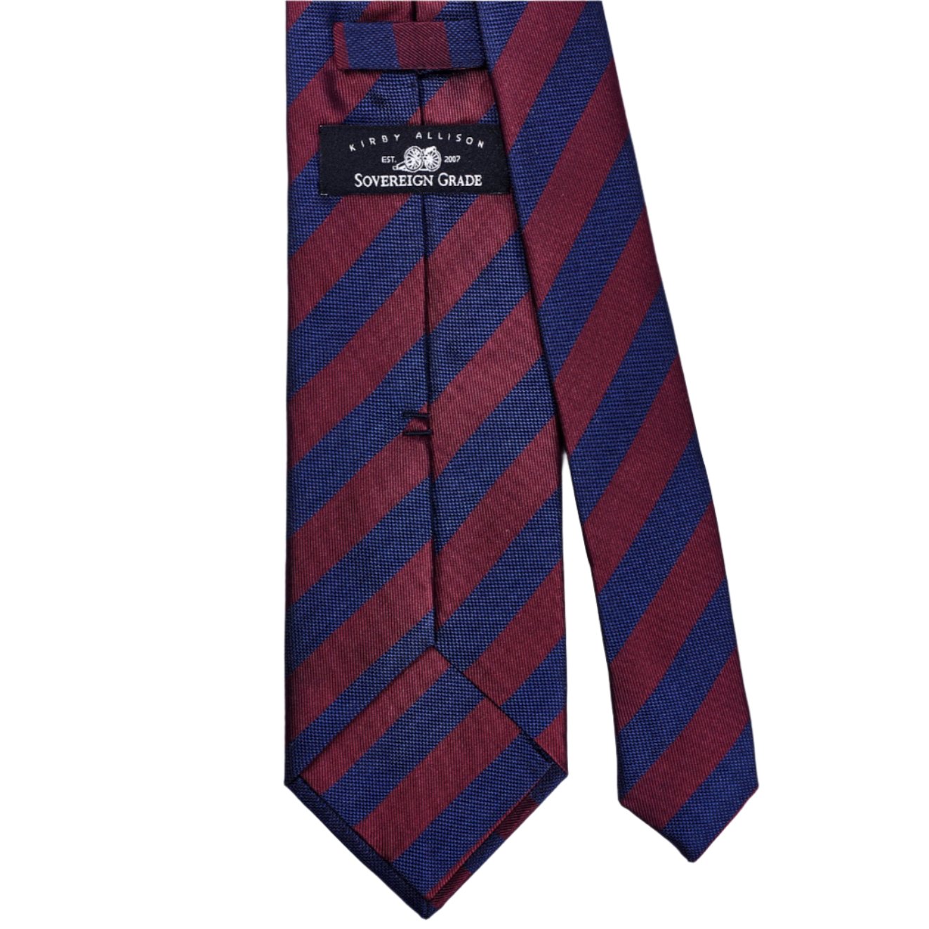 A red and blue striped KirbyAllison.com Sovereign Grade Woven Navy and Burgundy Rep Tie, 150 cm handmade in the United Kingdom.