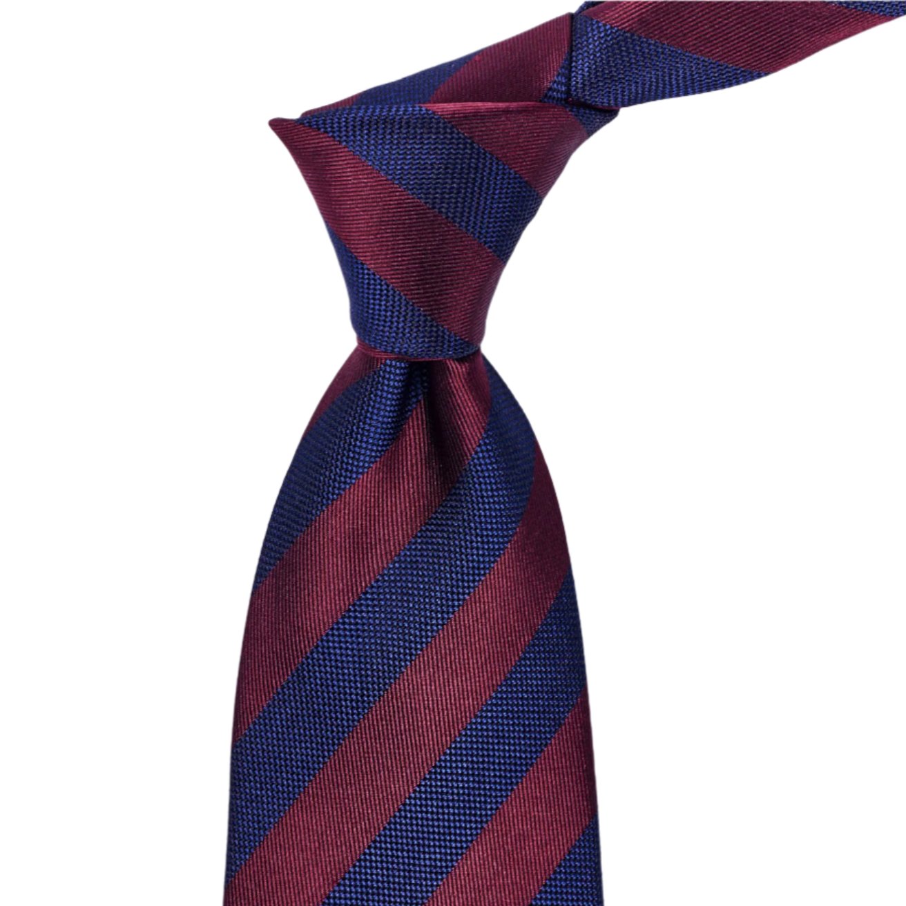 A burgundy and blue striped handmade tie, featuring 100% English silk, from the Kirby Allison Sovereign Grade collection has been replaced by the Sovereign Grade Woven Navy and Burgundy Rep Tie, 150 cm from KirbyAllison.com.