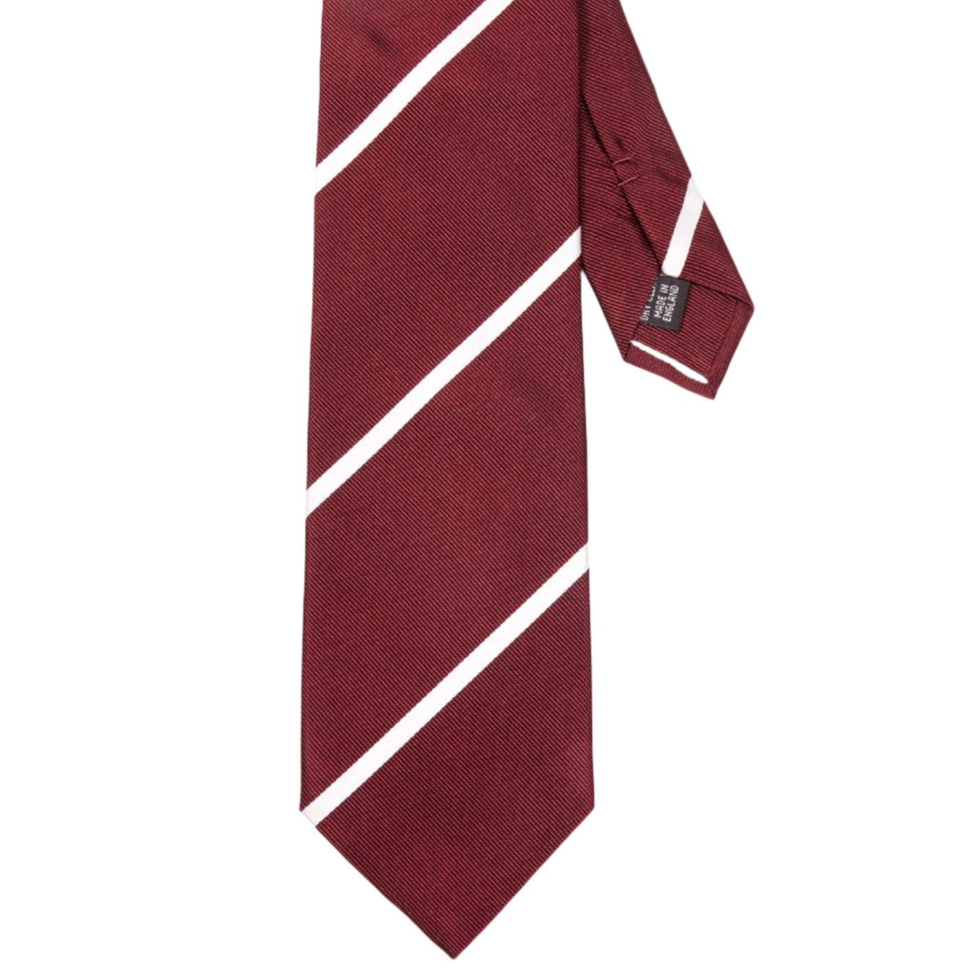 A burgundy and white striped Sovereign Grade Oxblood Narrow Rep tie from KirbyAllison.com, with premium linings, handmade in the United Kingdom, on a white background.