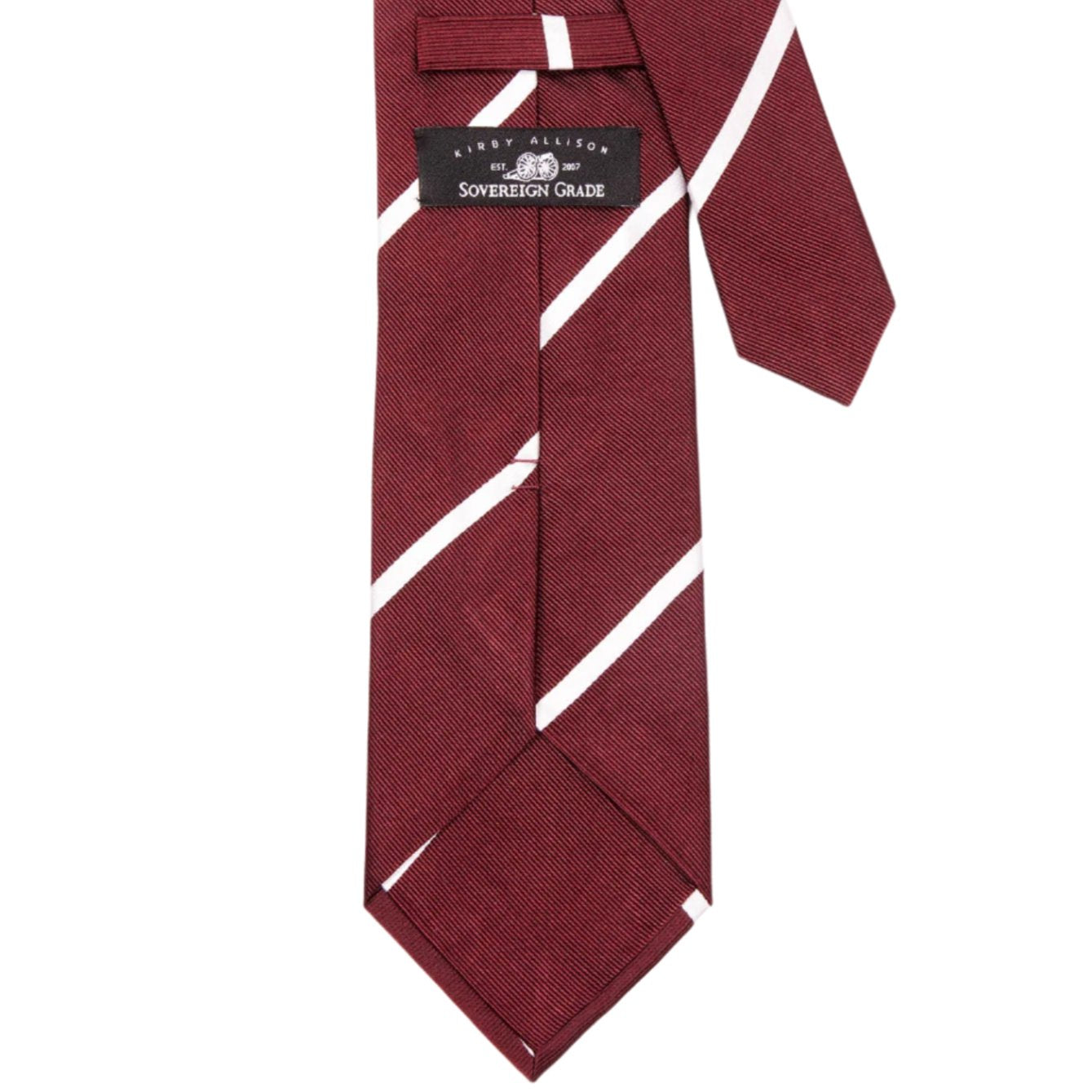 A Sovereign Grade Oxblood Narrow Rep Tie, 150 cm from KirbyAllison.com with premium linings on a white background.