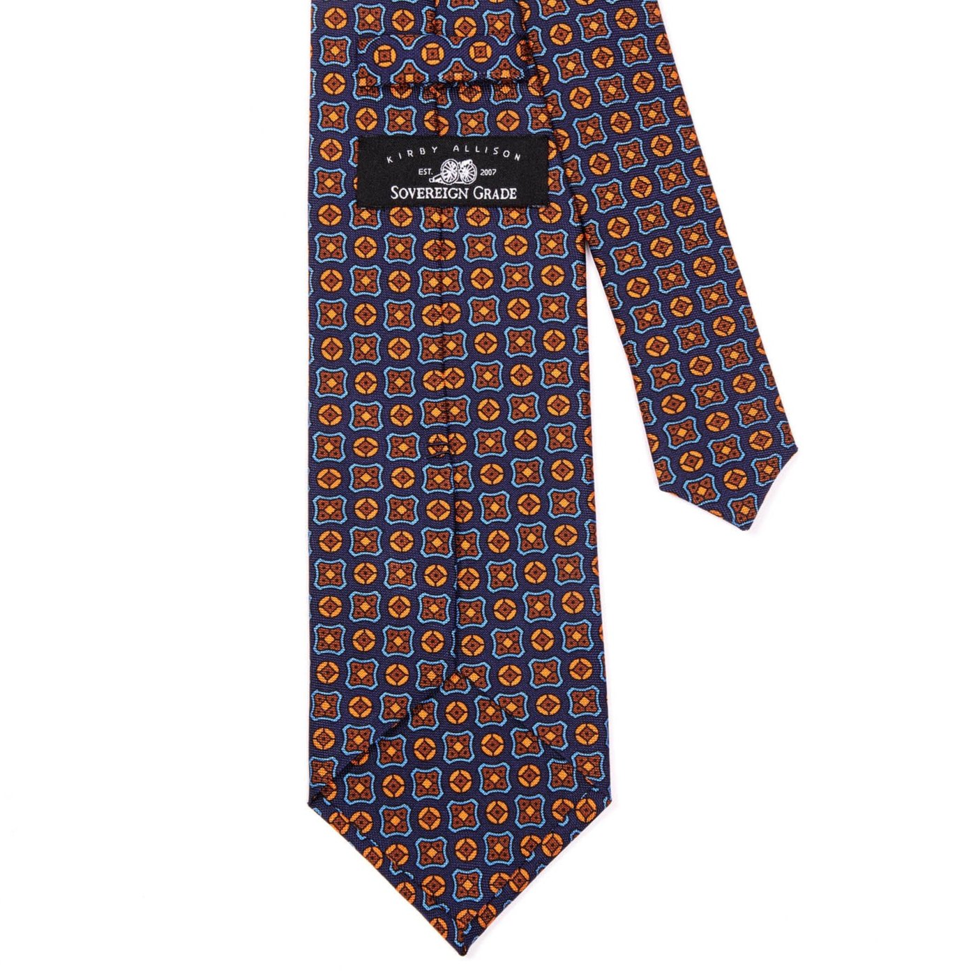 A Sovereign Grade Navy Hopsack Tie, 150 cm from KirbyAllison.com with an orange and blue pattern.